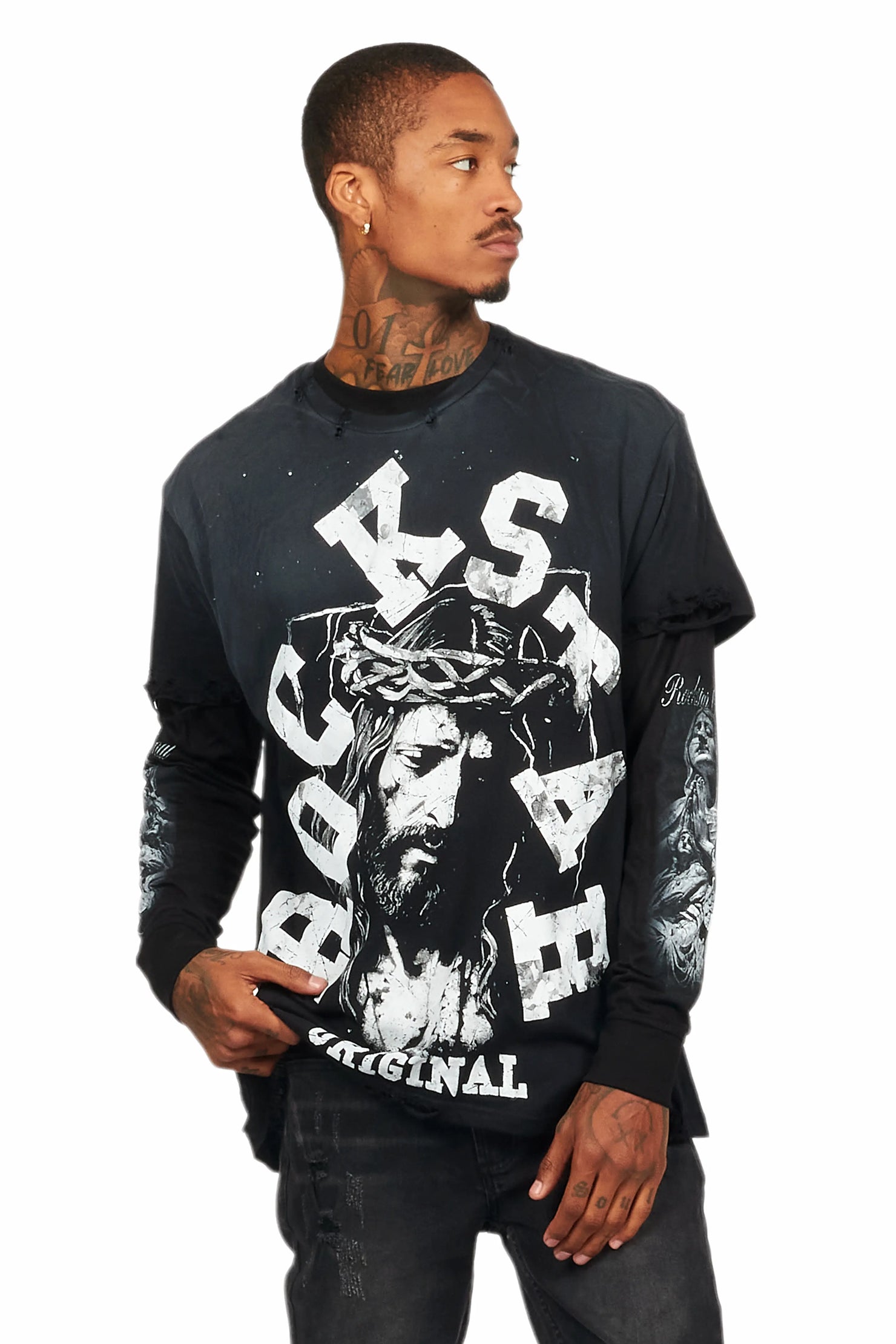 Alfred Black Double Layer Long Sleeve Graphic T-Shirt