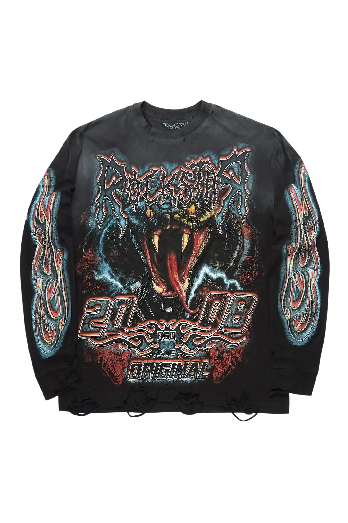 Rhylo Black/Multi Long Sleeve Distressed Graphic T-Shirt