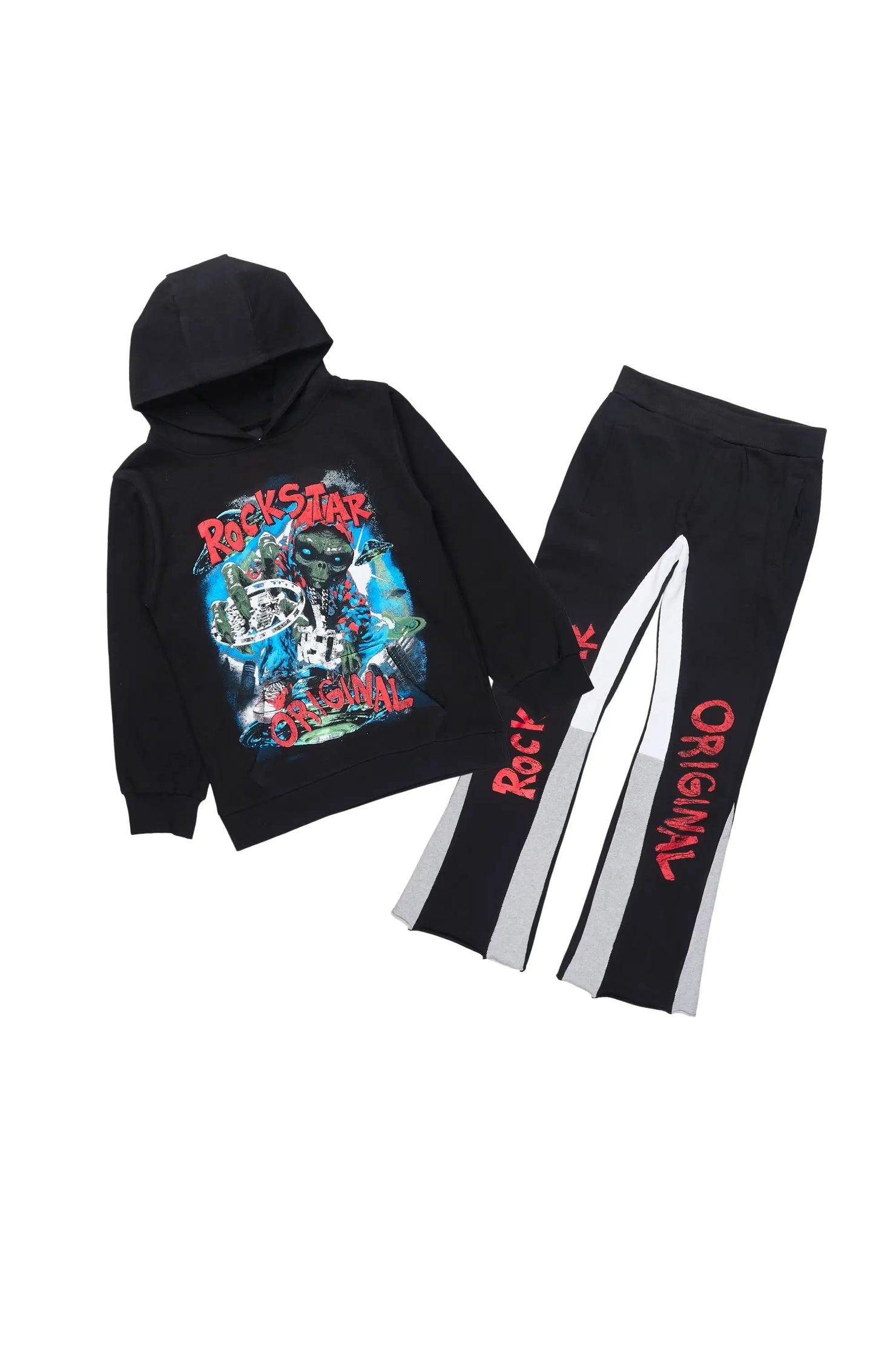 Boys Caevon Black/Multi Hoodie/Stacked Flare Track Set