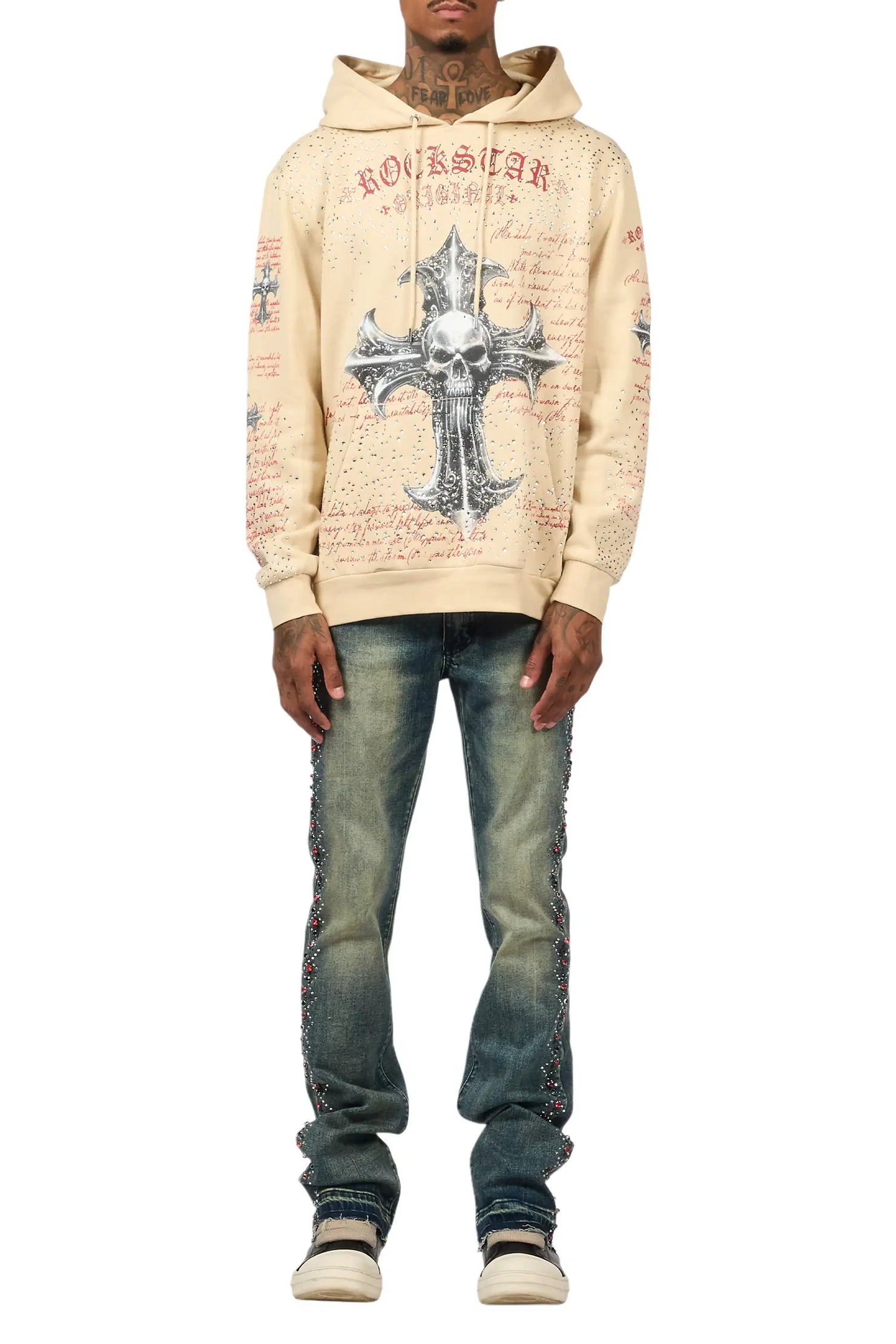 Ozi Rhinestone Tint Blue Stacked Flare Jean