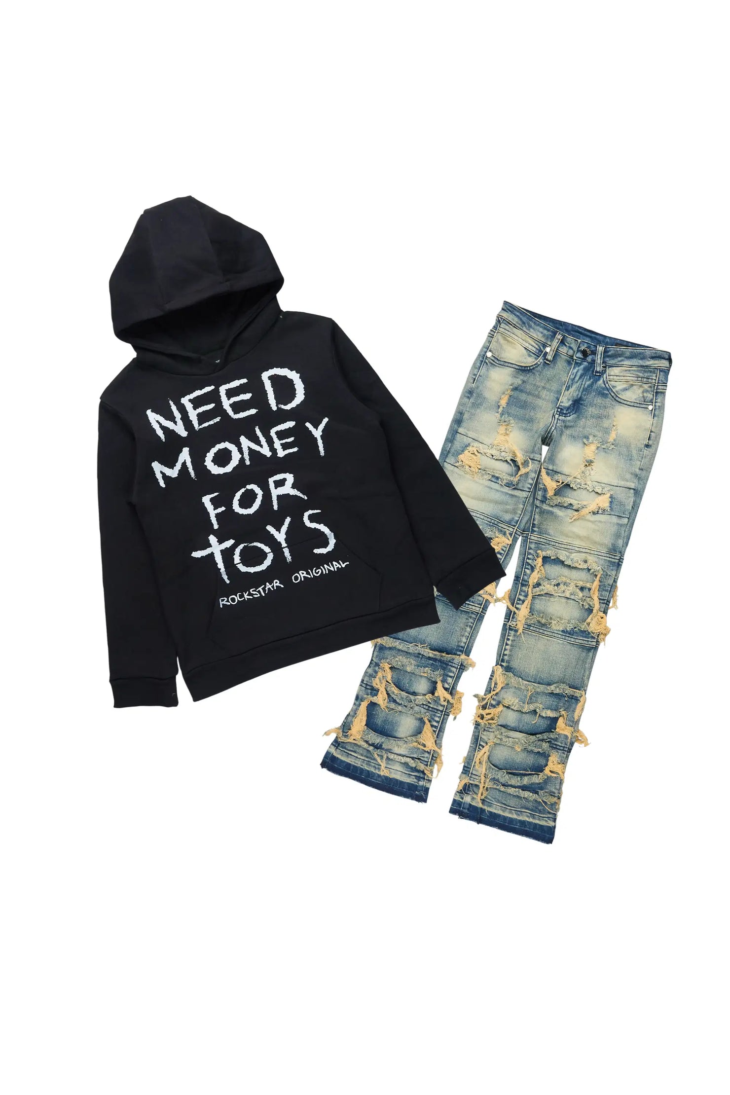 Boys M4 Toys Black Hoodie & Vasco Dark Tint Stacked Jean Set