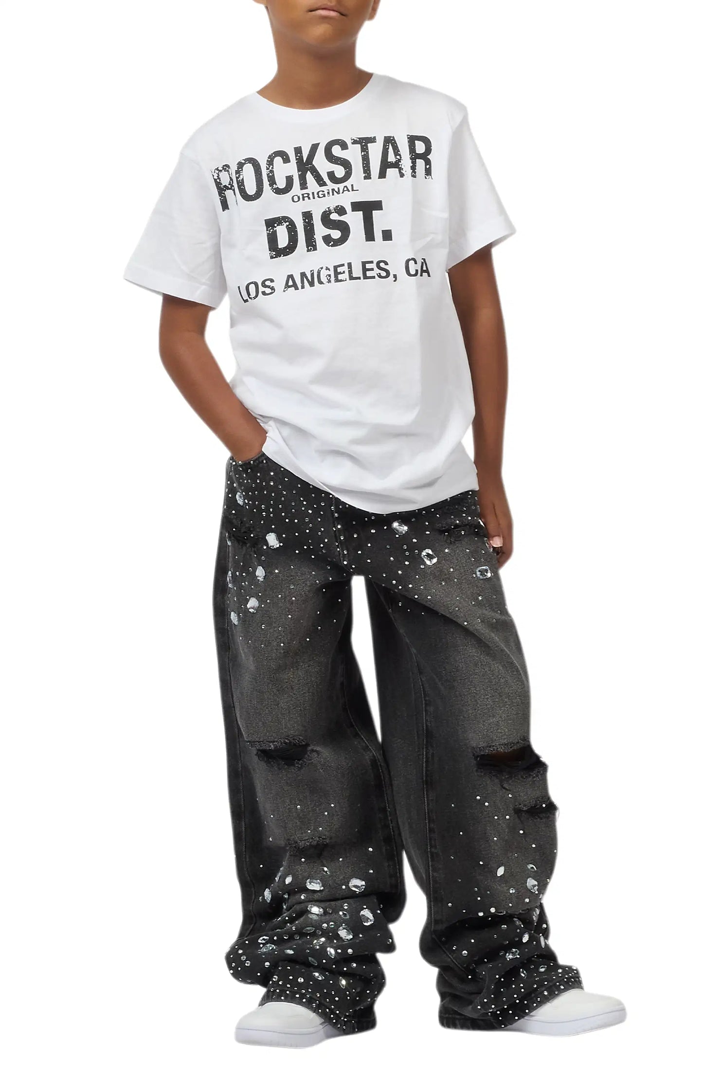 Boys Glanz Rhinestone Dark Grey Baggy Fit Jean