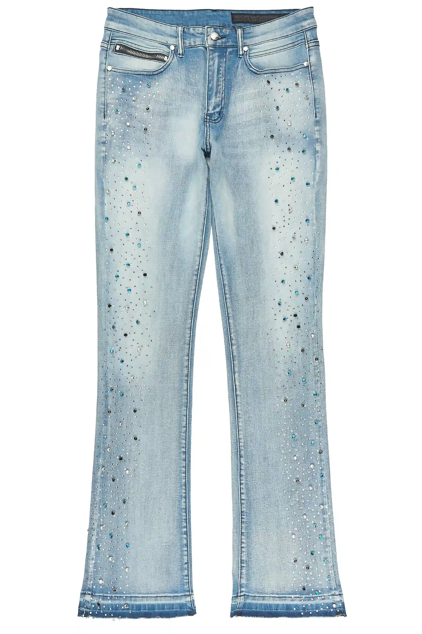 Monty Light Blue Rhinestone Studded Stacked Flare Jean