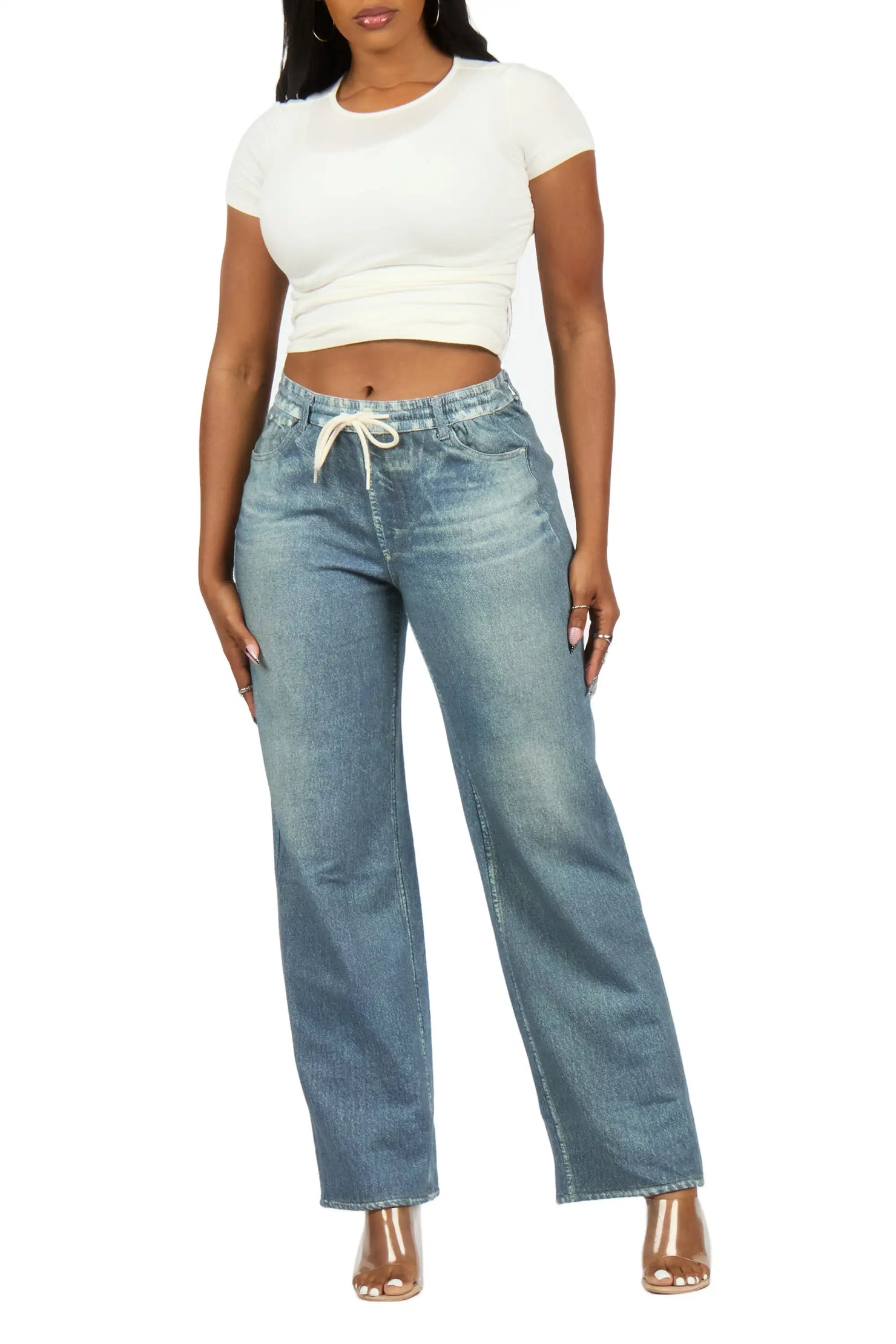 Audrea Med. Wash Denim Print Stretch Terry Sweatpant Jean