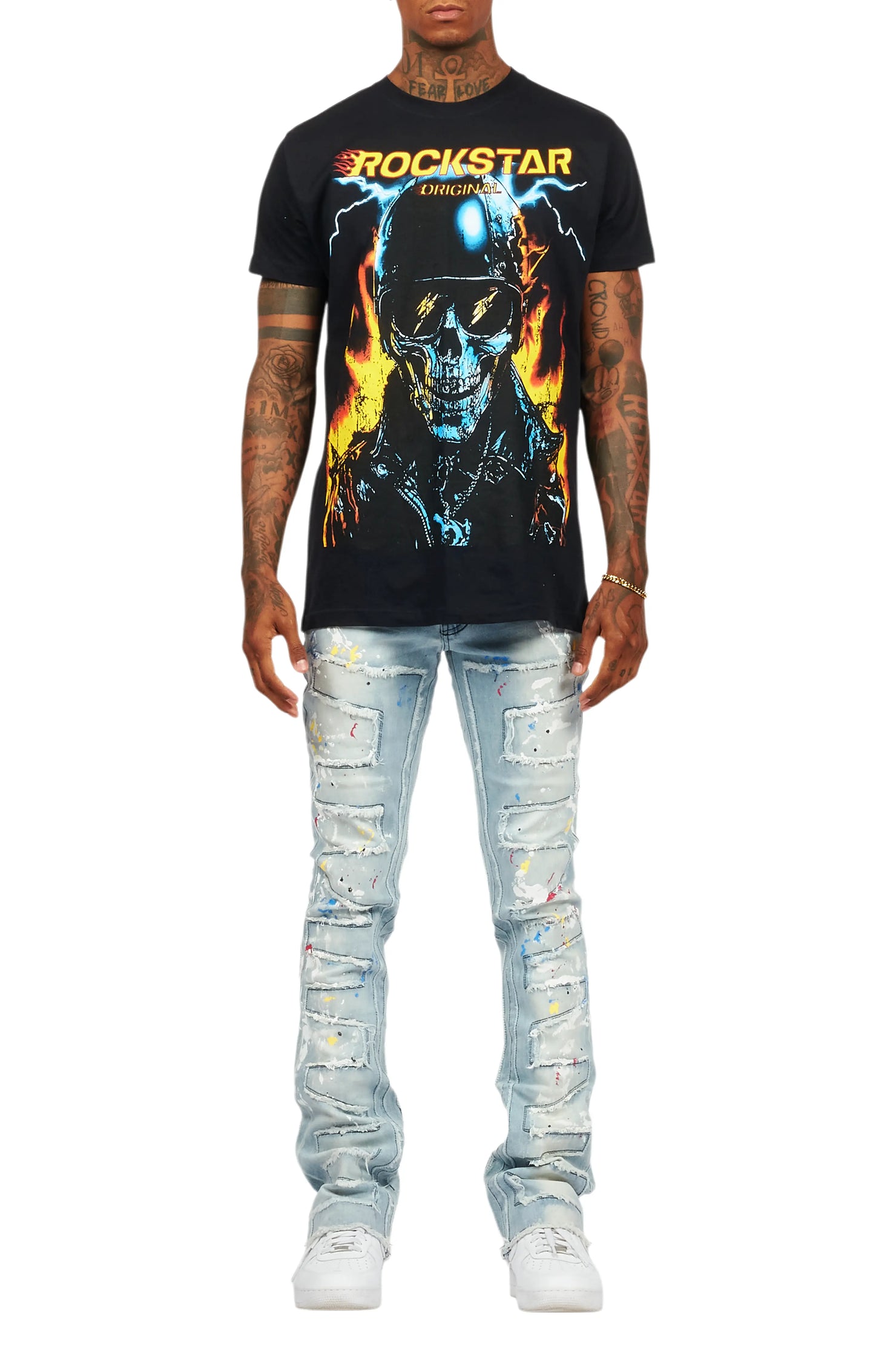 Shaddie Light Blue Painter Stacked Flare Jean