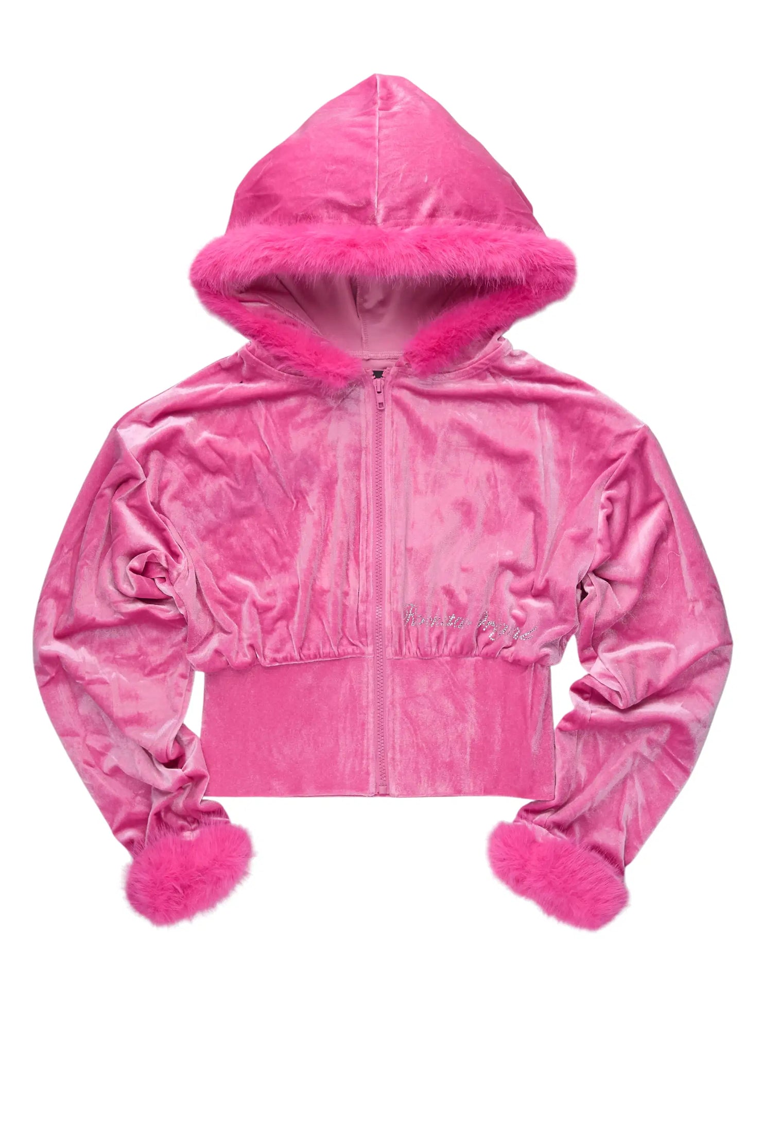 Shanika Pink Velour Crop Hoodie With Fur Hood