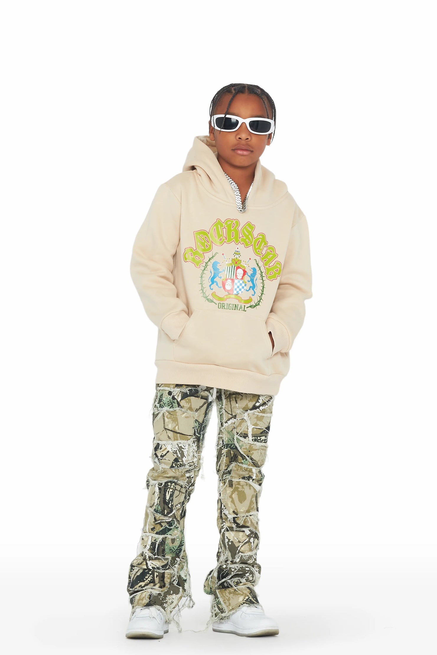 Boys Brody Beige Hoodie/Camo Stacked Flare Jean