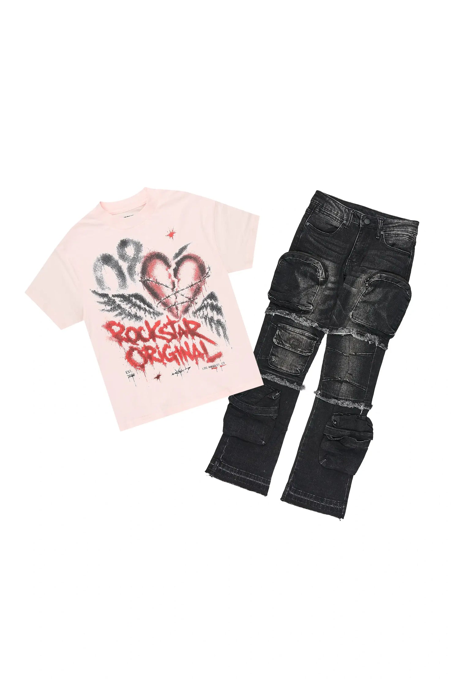 Girls Effigia Light Pink/Dark Grey T-Shirt Stacked Jean Set