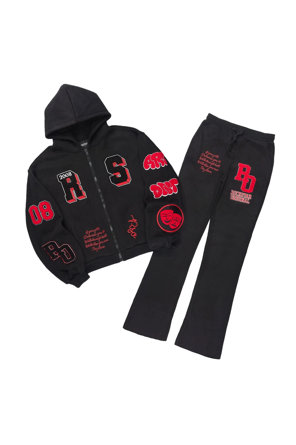 Boys Leslaw Black/Red Stacked Flare Hoodie Track Set