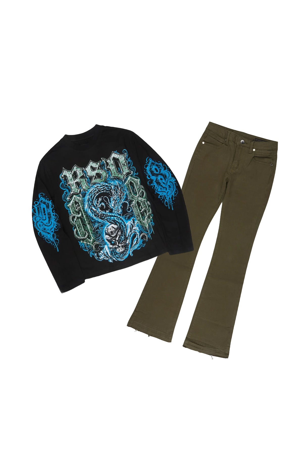 Boys Tooga Black/Olive Long Sleeve T-Shirt Stacked Painter Jean Set
