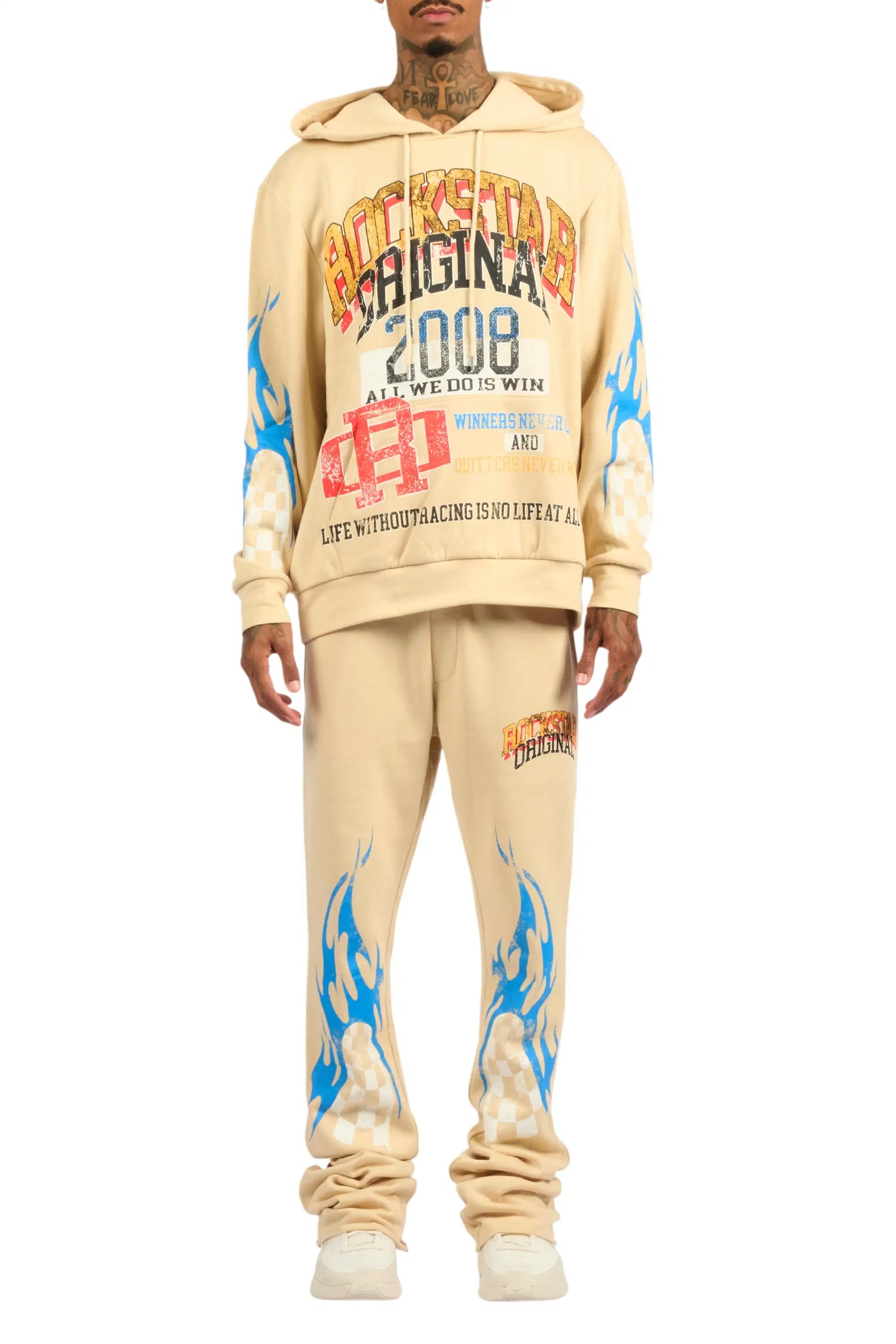 Colorful Race Beige Hoodie Stacked Track Set