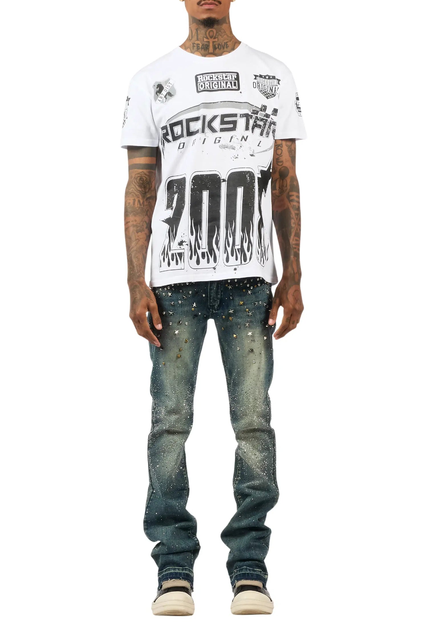 Onyx Dark Blue Studded Stacked Flare Jean