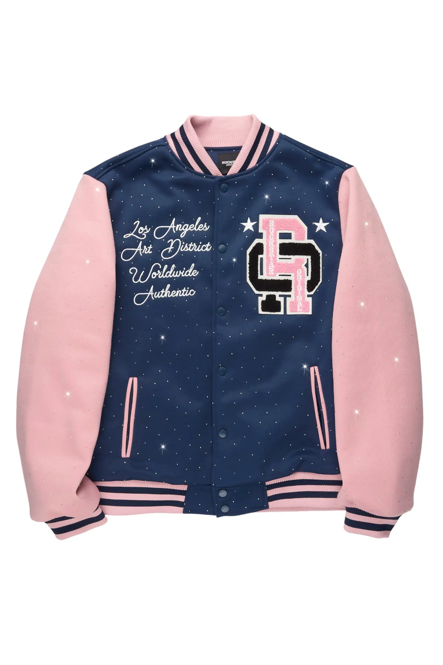 Ranesha Navy/Pink Rhinestone Varsity Jacket