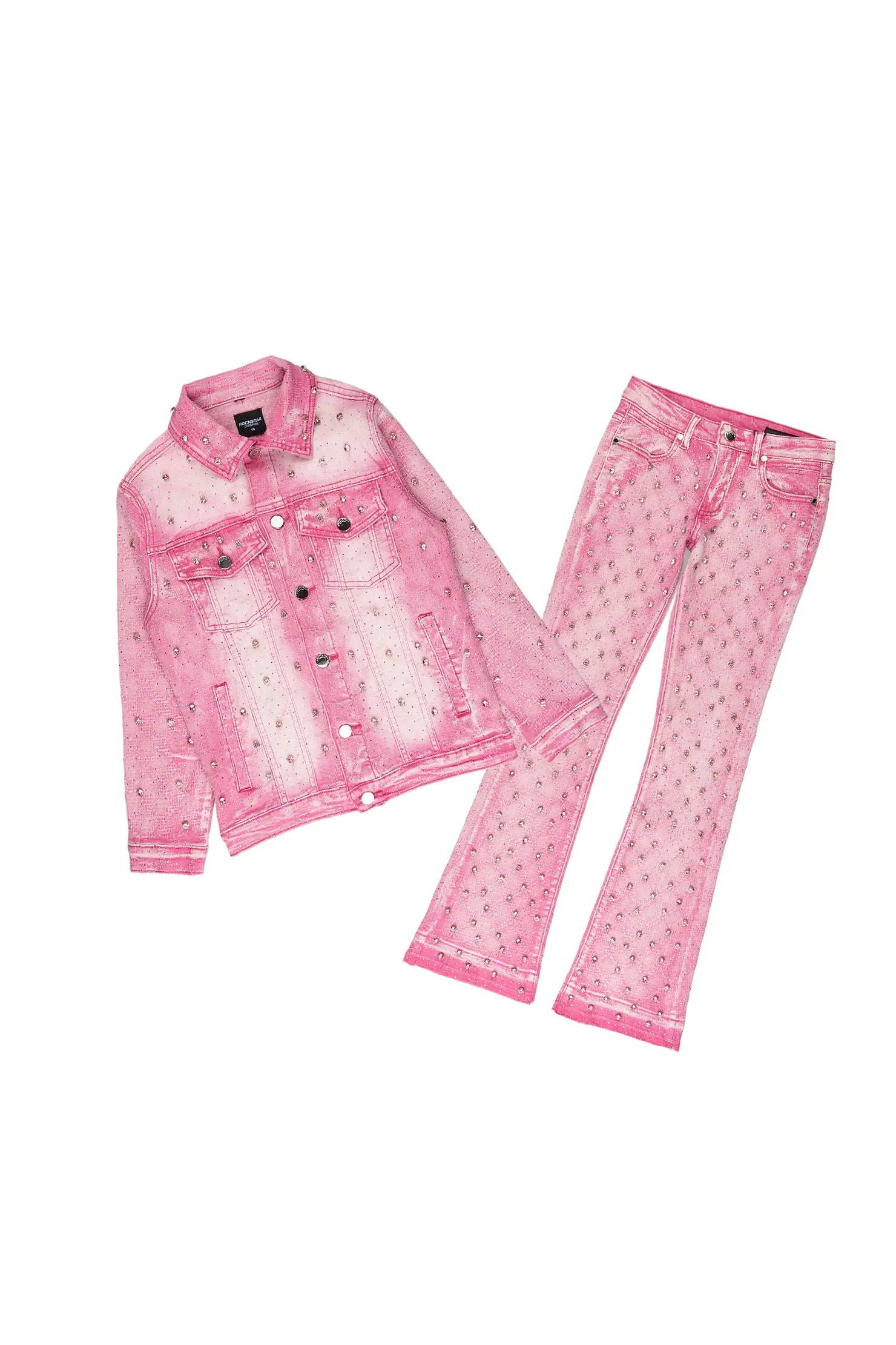 Girls Sareka Pink Rhinestone Denim Jacket/Jean Set
