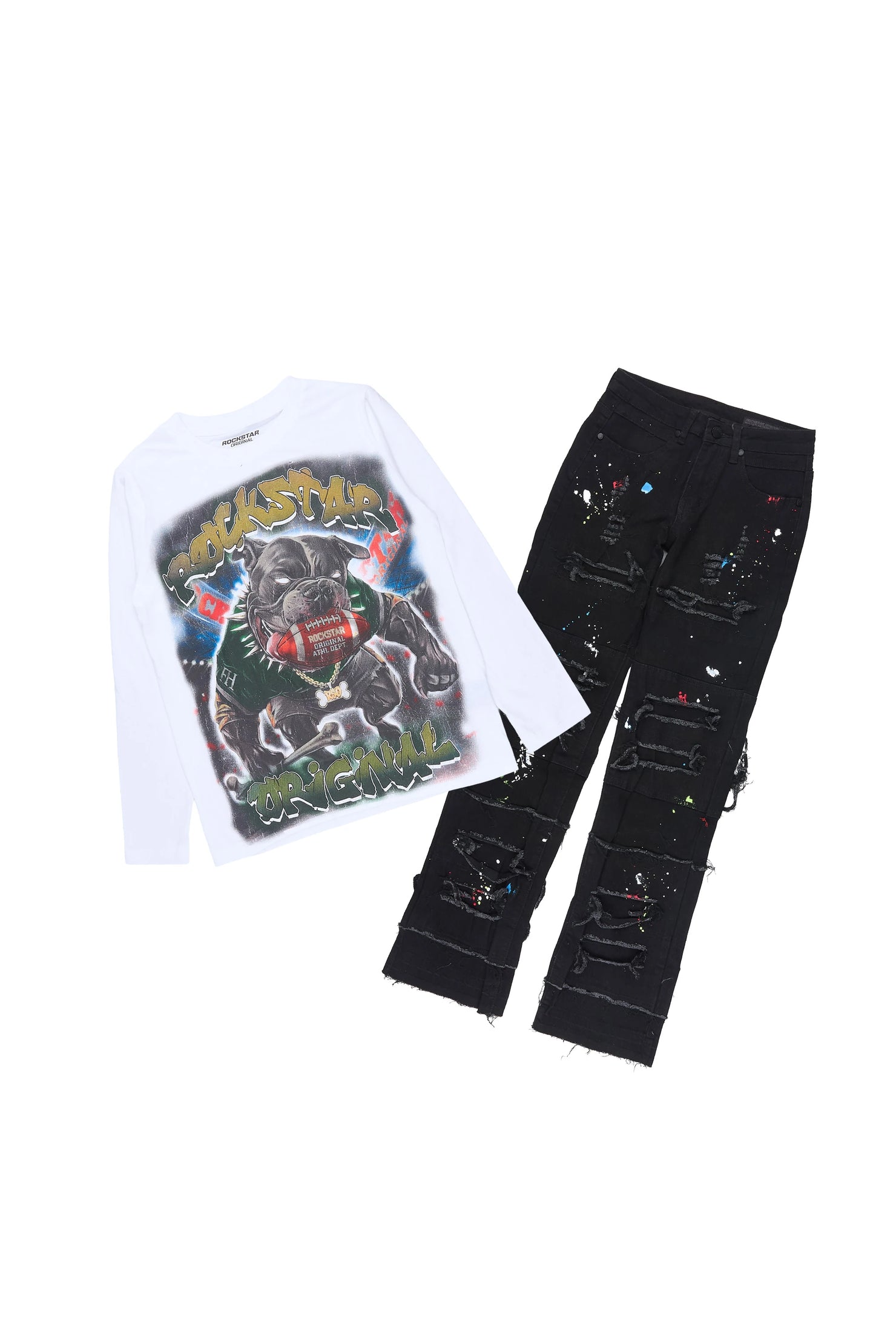 Boys Nitro White/Black Long Sleeve T-Shirt Stacked Frayed Painter Jean Set