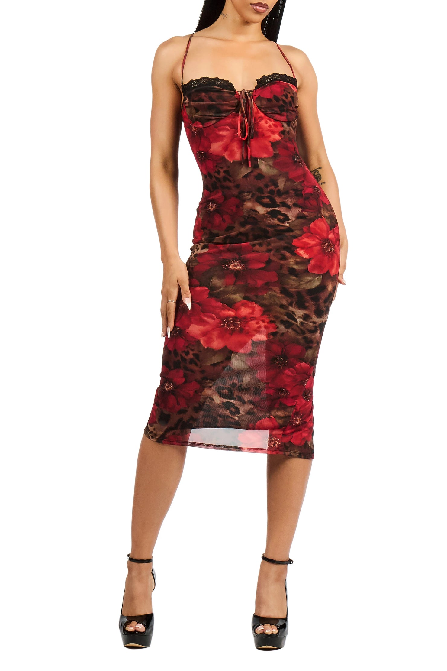 Leopard n Roses Mesh Midi Dress