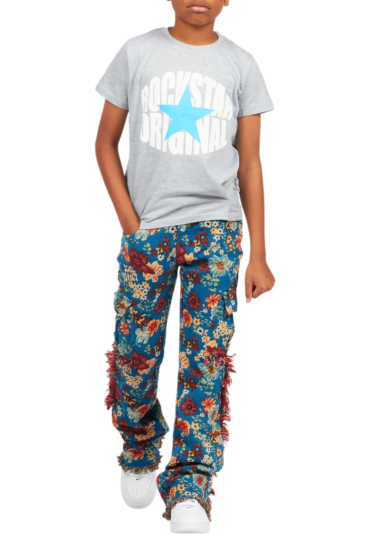 Boys Finn Blue Slim Tapestry Flare Pants