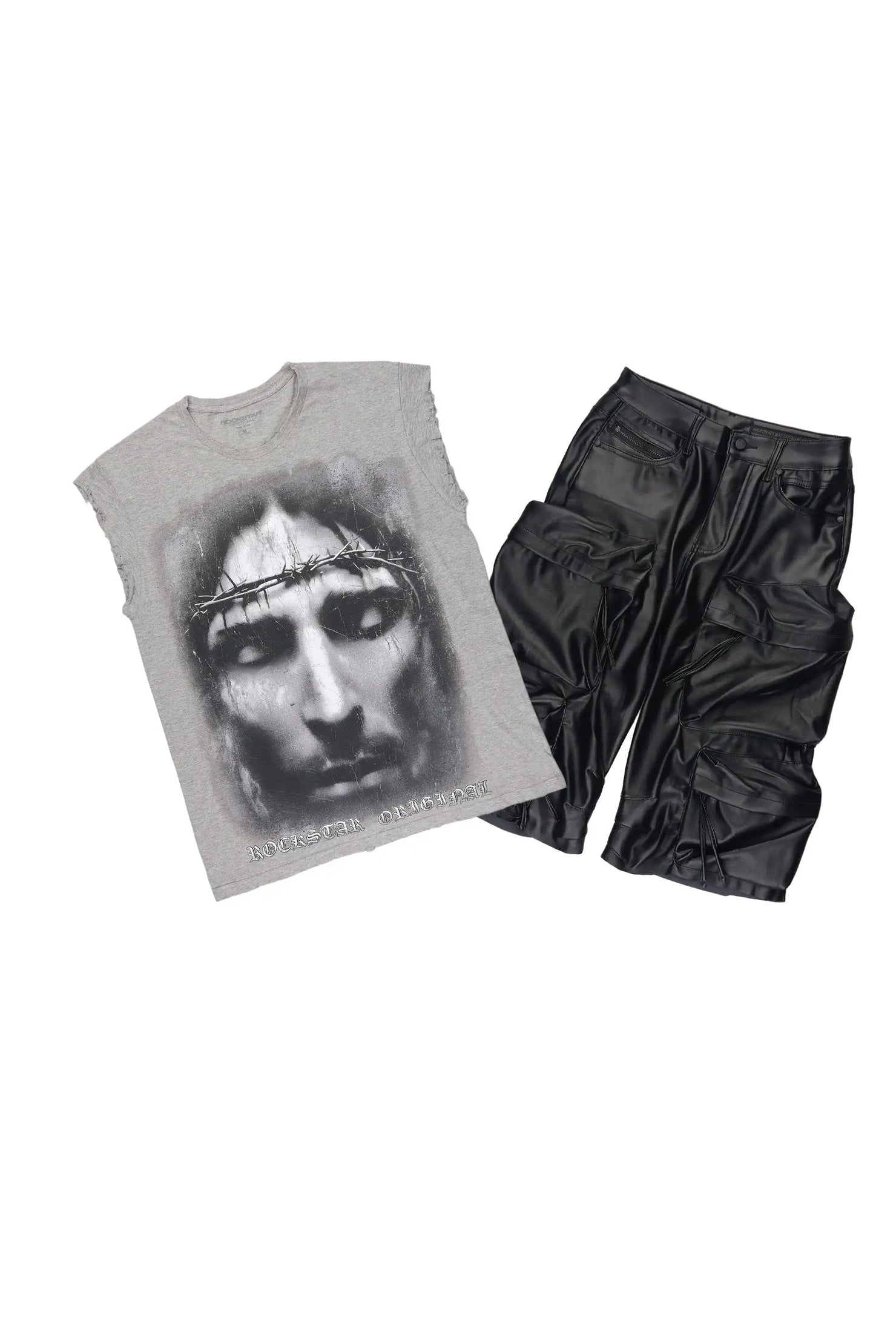 Ace Grey/Black Cut Sleeve Tee & Lenz Pu Leather Short Set
