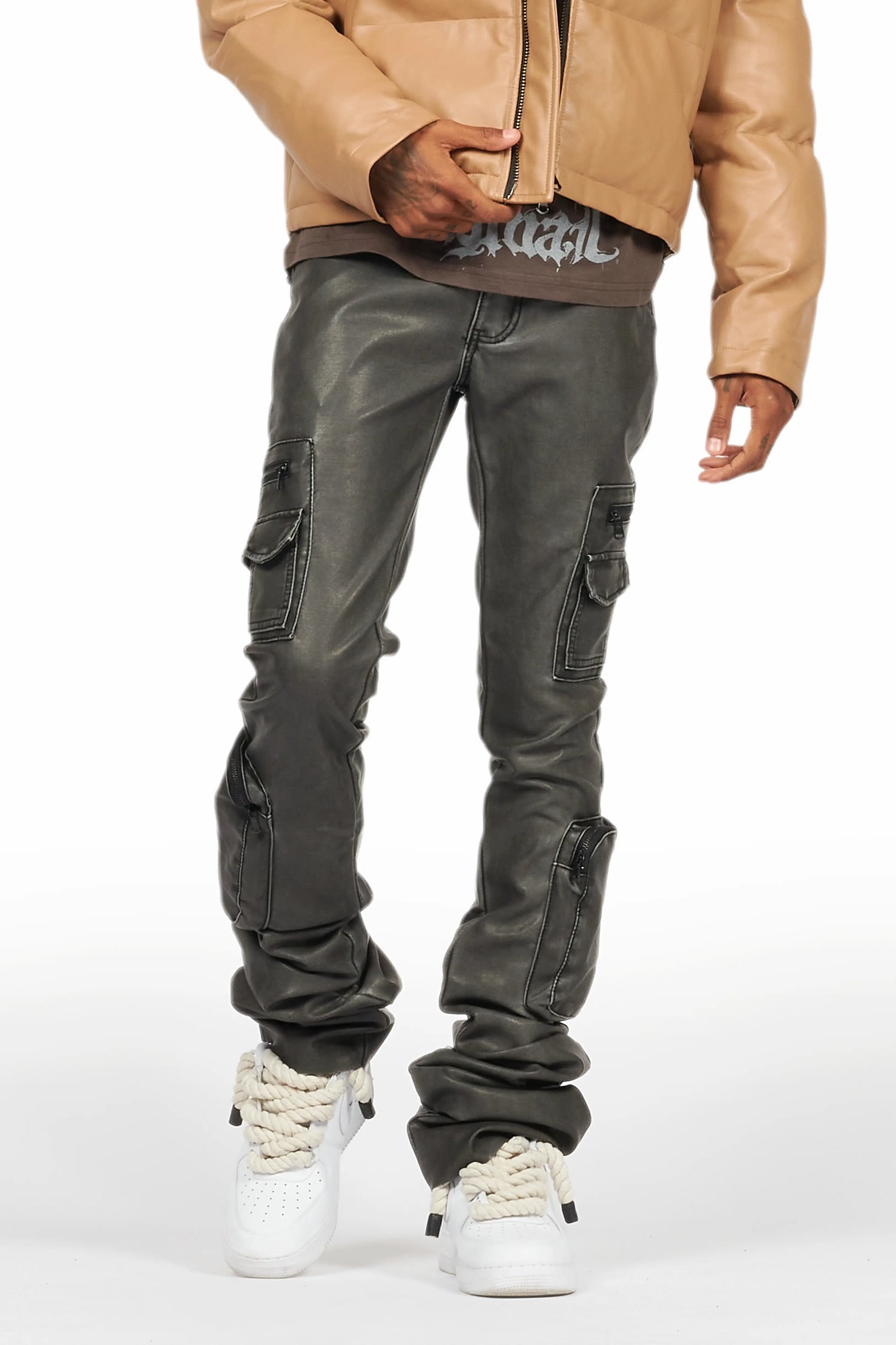 Sutton Distressed Black PU Super Stacked Flare Jean