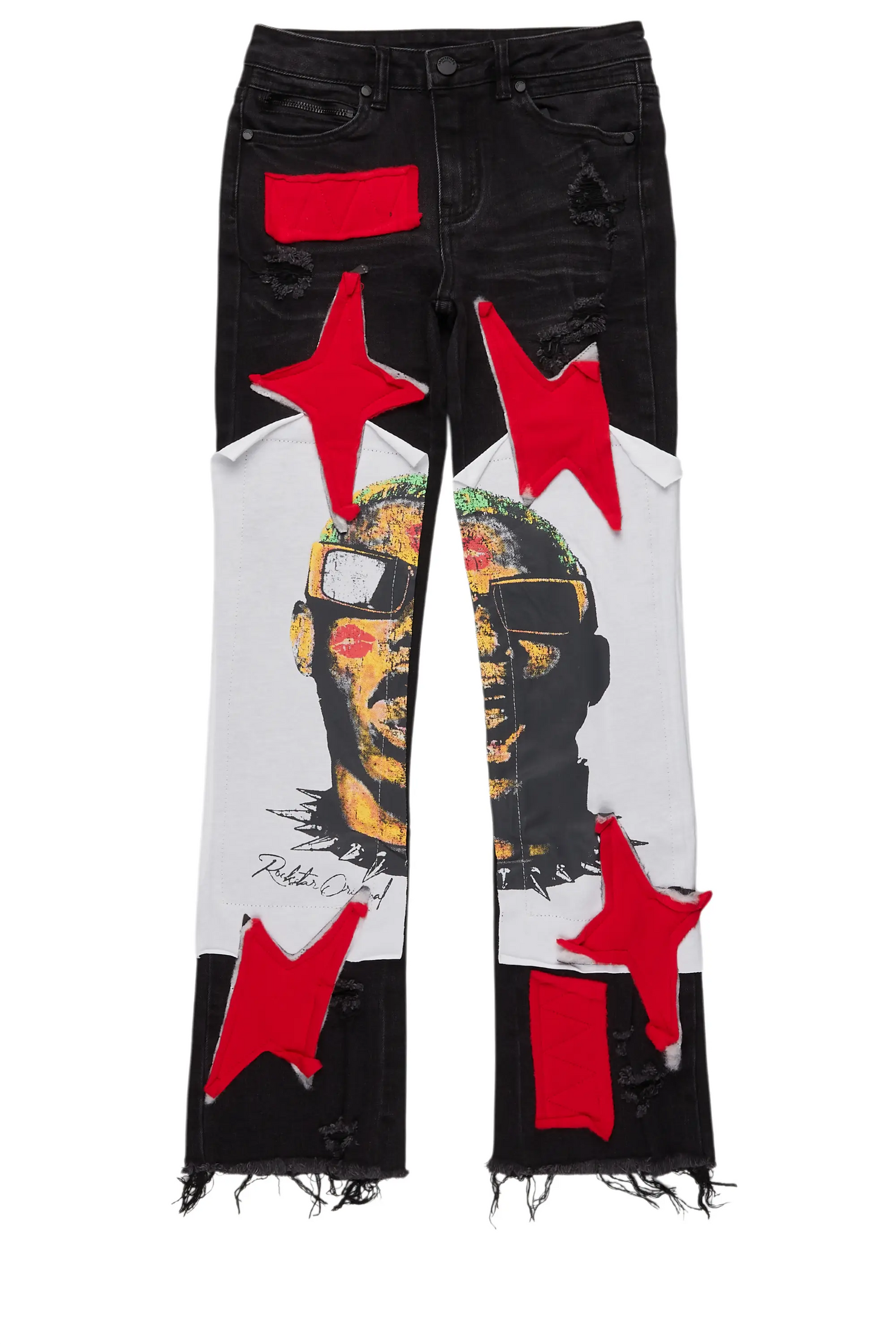Boys Savage Black/Red Patchwork Stacked Flare Jean