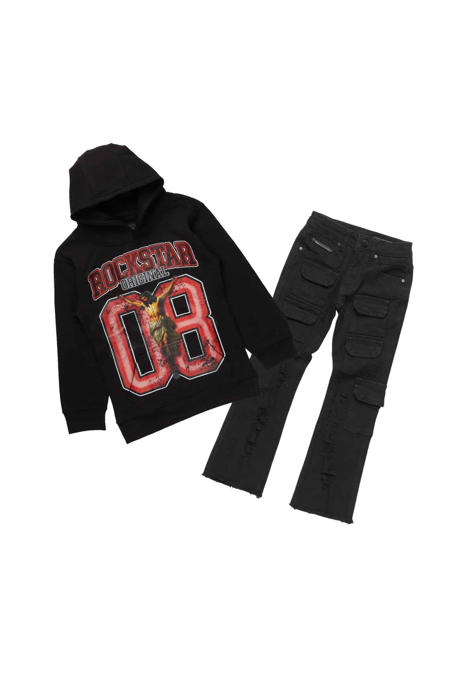 Boys Kiley Black Hoodie/Stacked Flare Jean Set