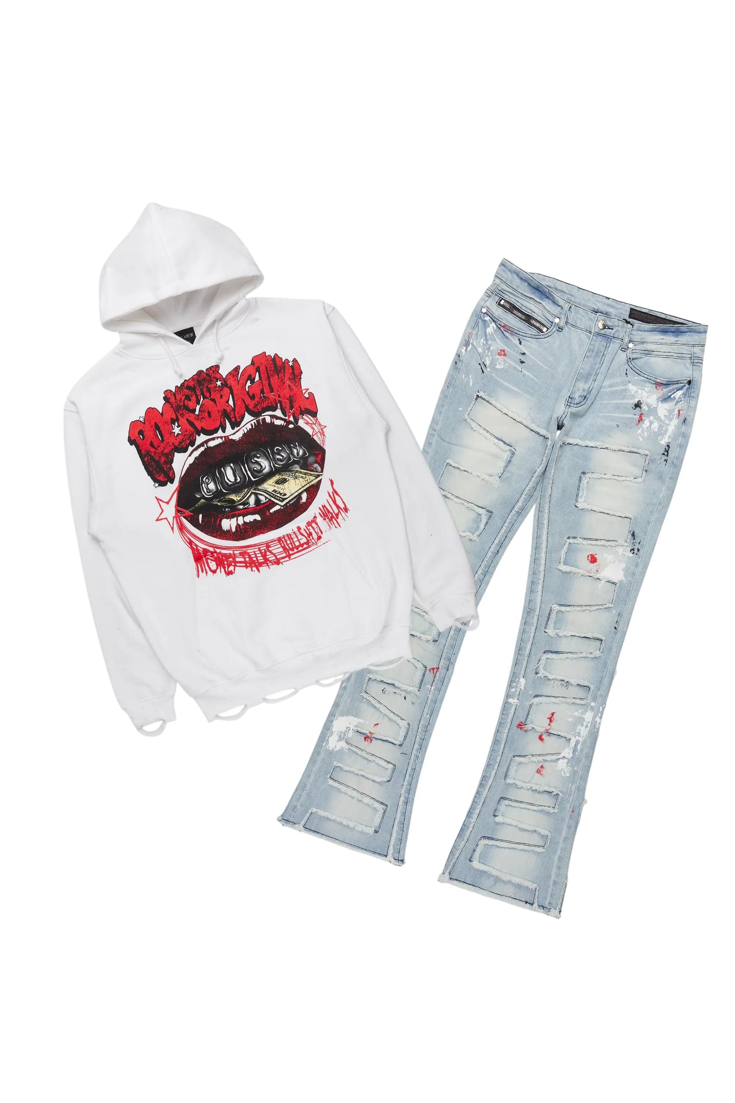 Bloke White/Blue Hoodie/Stacked Flare Jean Bundle