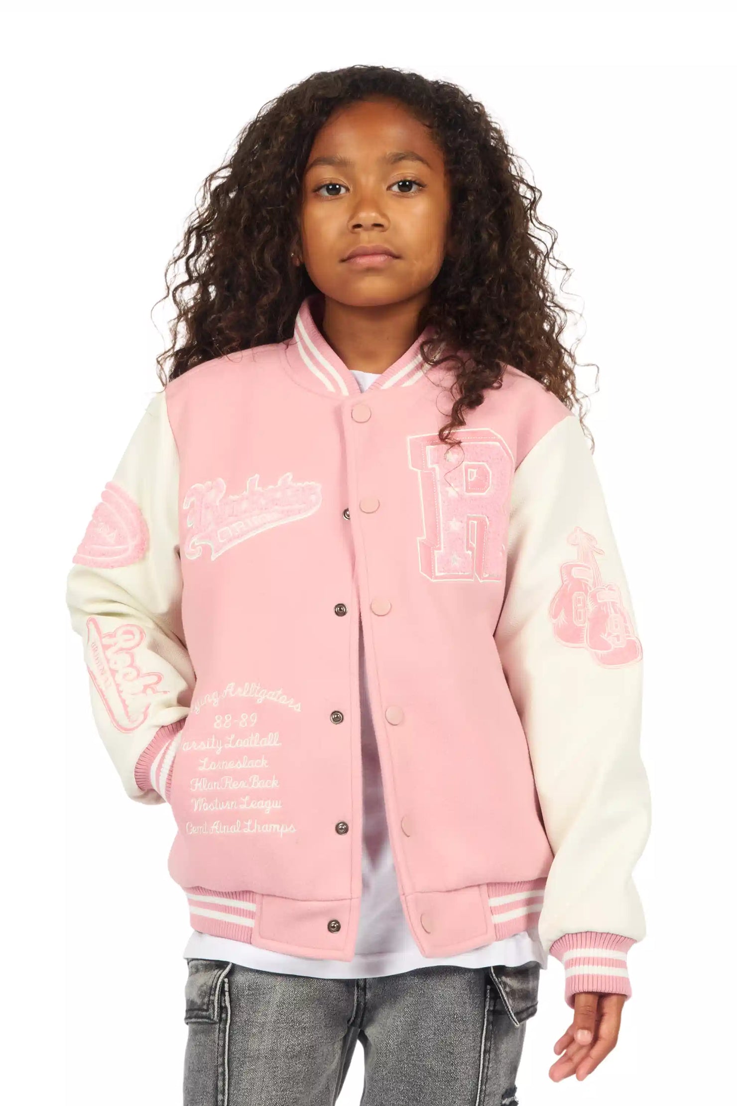 Girls Rosalyn Pink/White Varsity Jacket