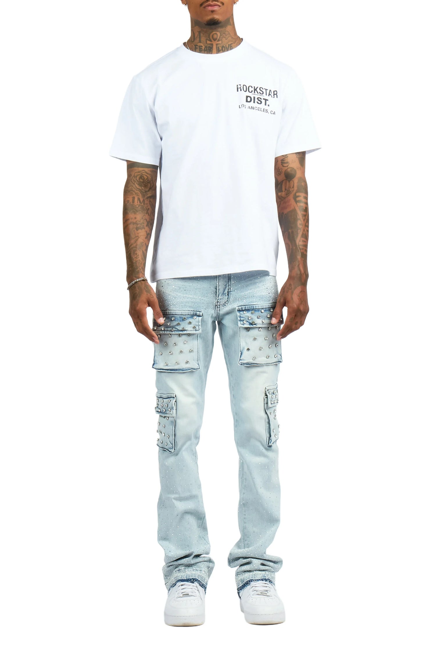 Arman Light Blue Rhinestone Stacked Fit Jean