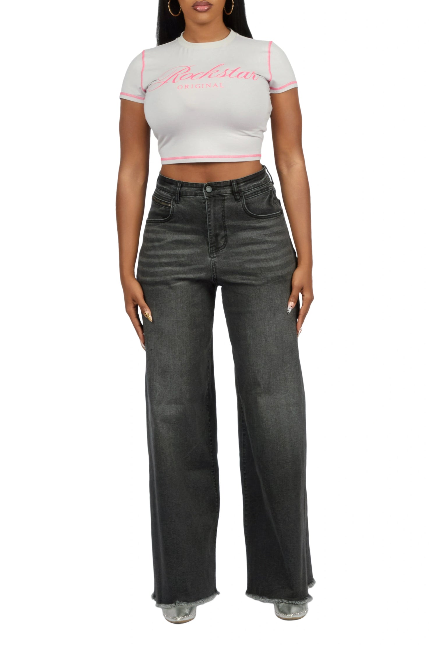 Cegaria Grey Wash High Rise Elastic Back Stretch Baggy Jean