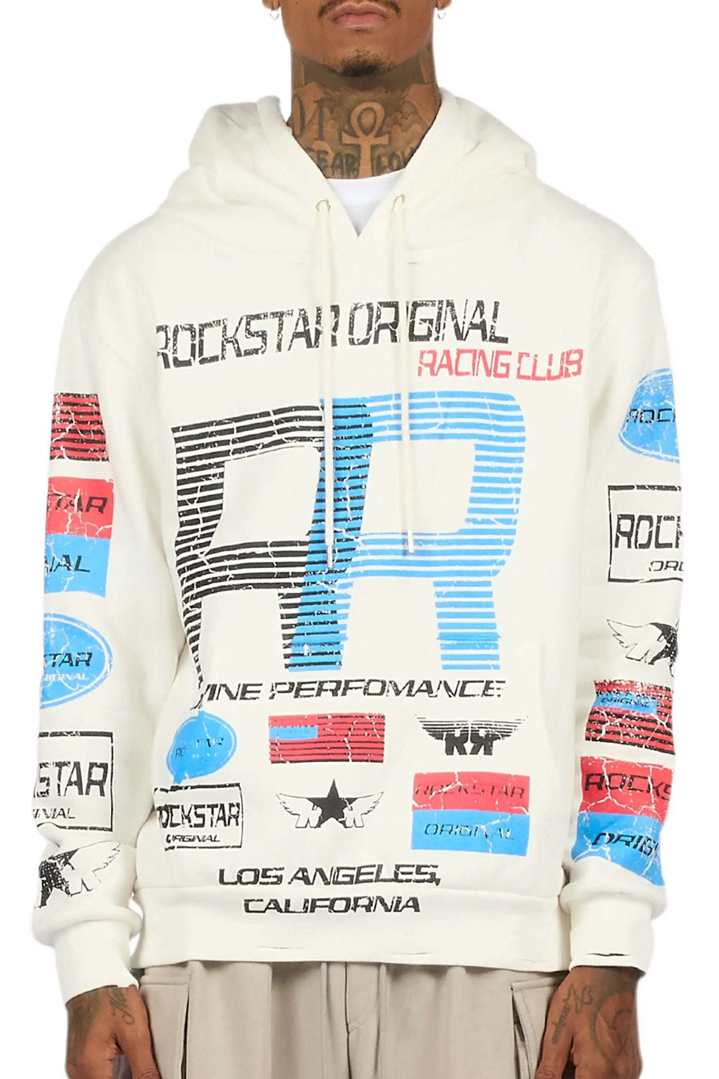 Rso Racing Club White Distressed Graphic Relaxed Hoodie