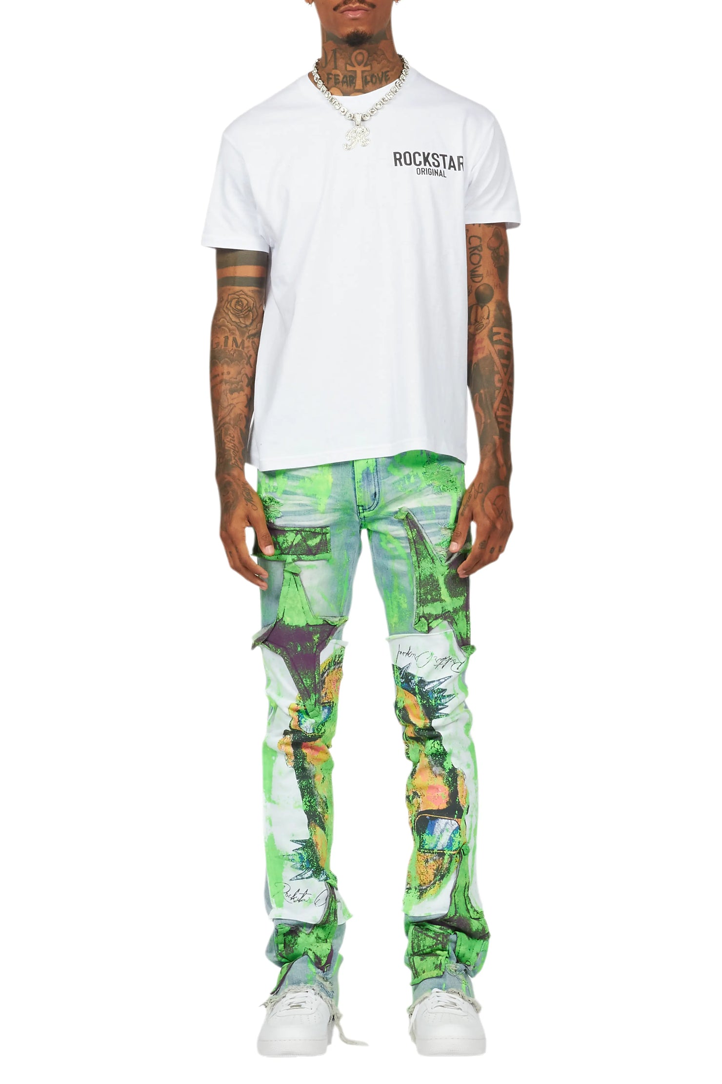 Savier Blue/Green Roller Paint Stacked Flare Jean