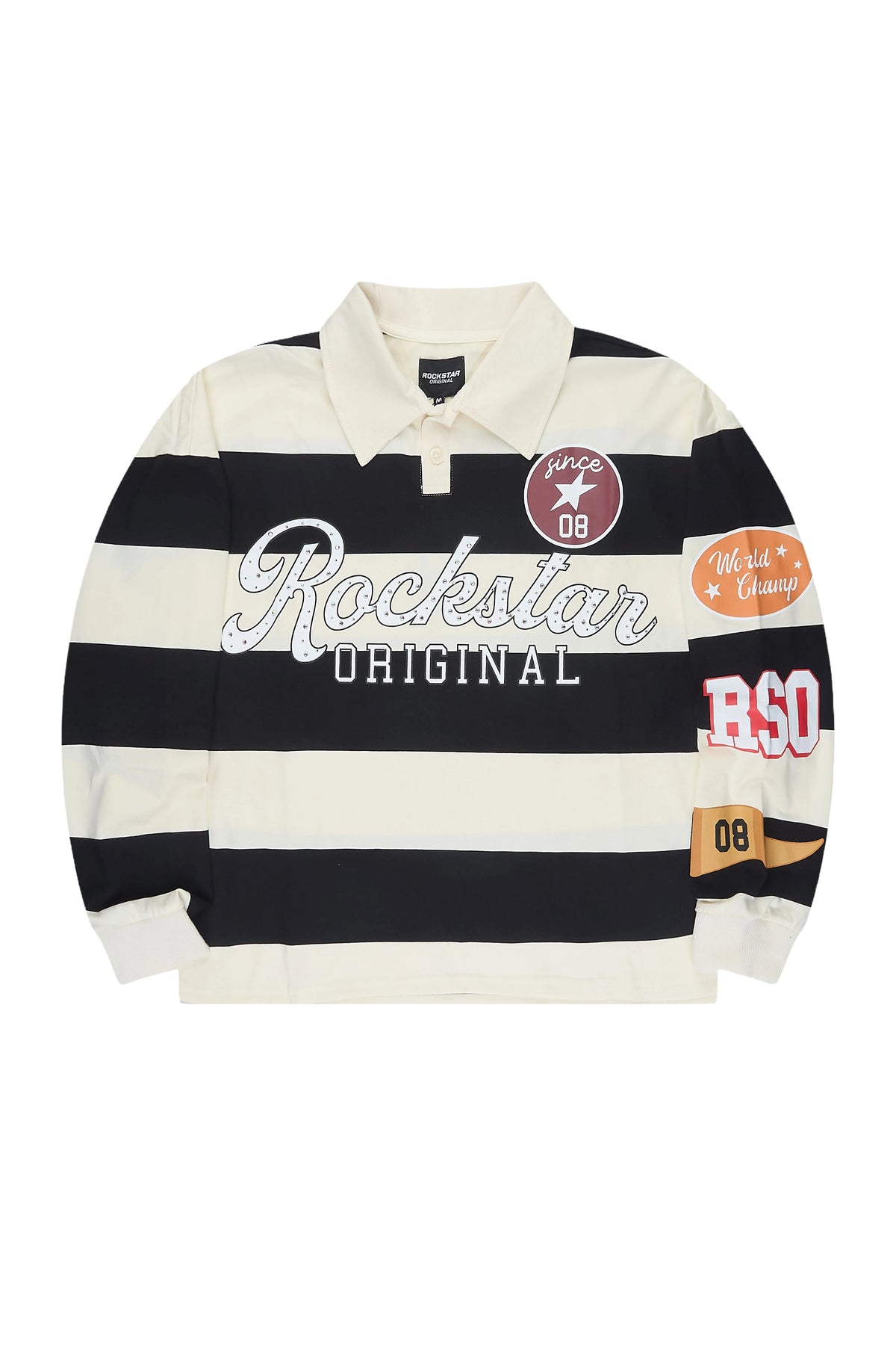 Prismo Beige/Black Rhinestone Long Sleeve Polo Shirt