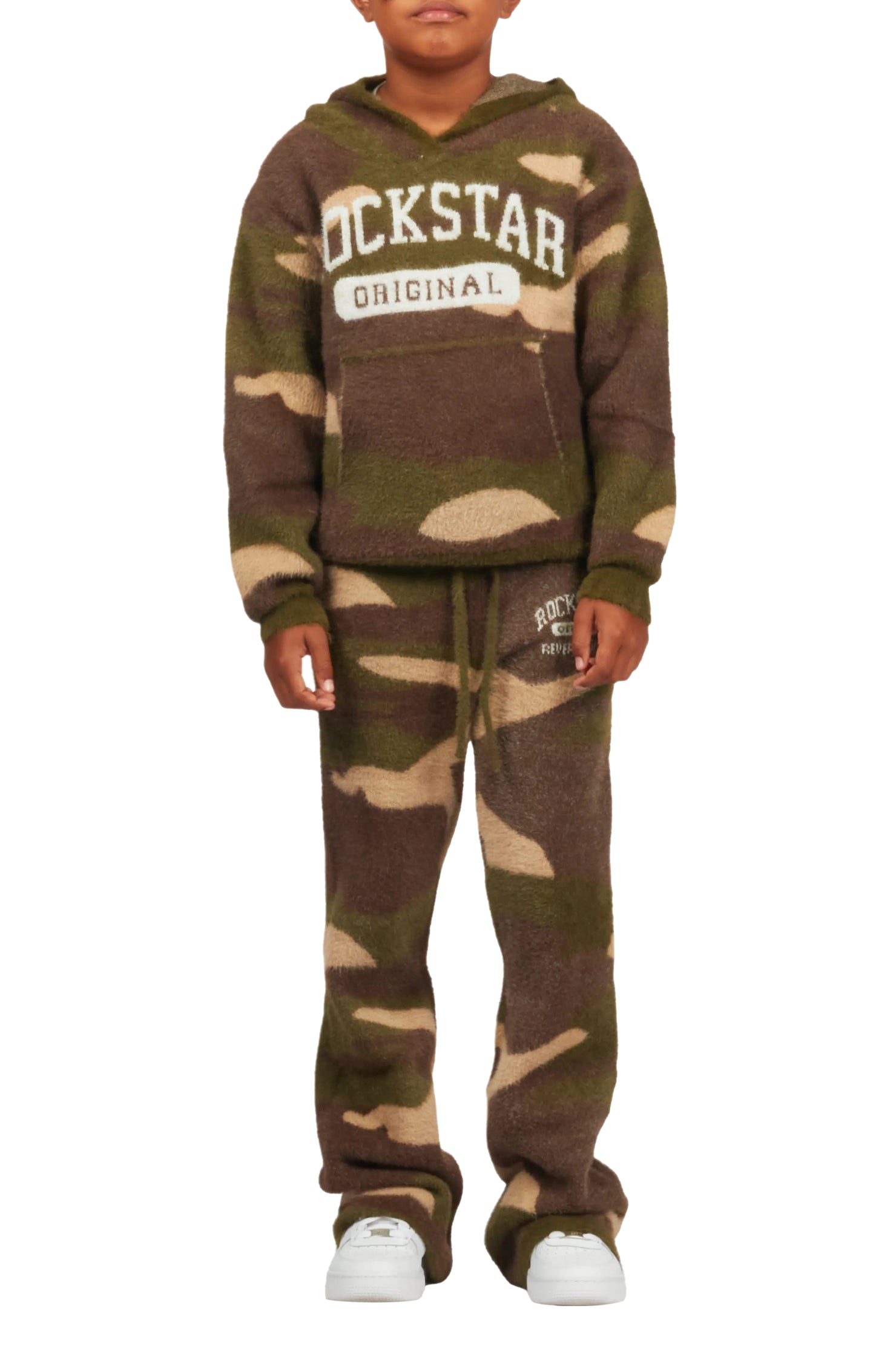 Boys Member Green Camo Stacked Flare Knitted Mohair Track Set