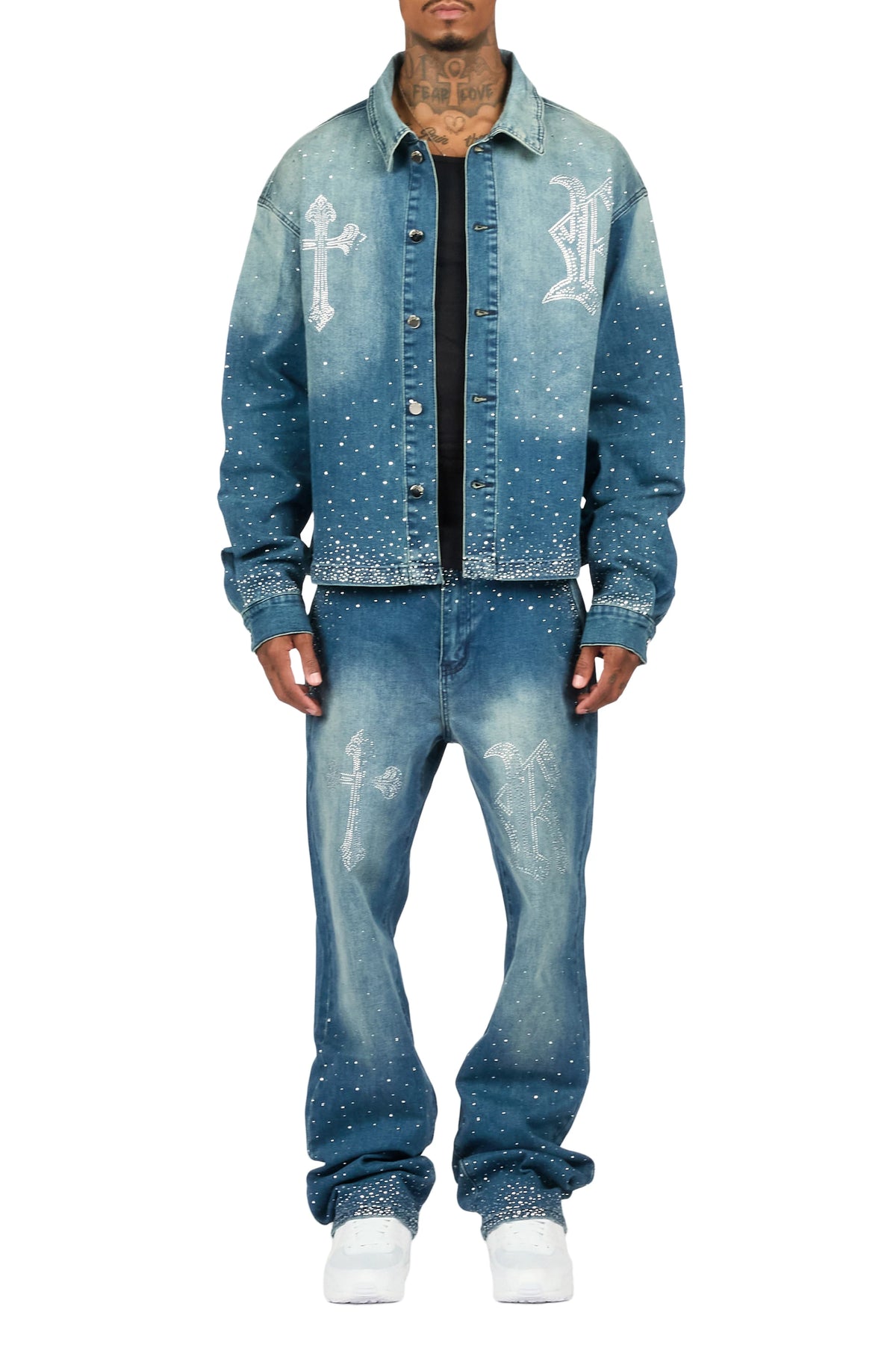 Clemente Blue Rhinestone Button Down Shirt/Jean Set