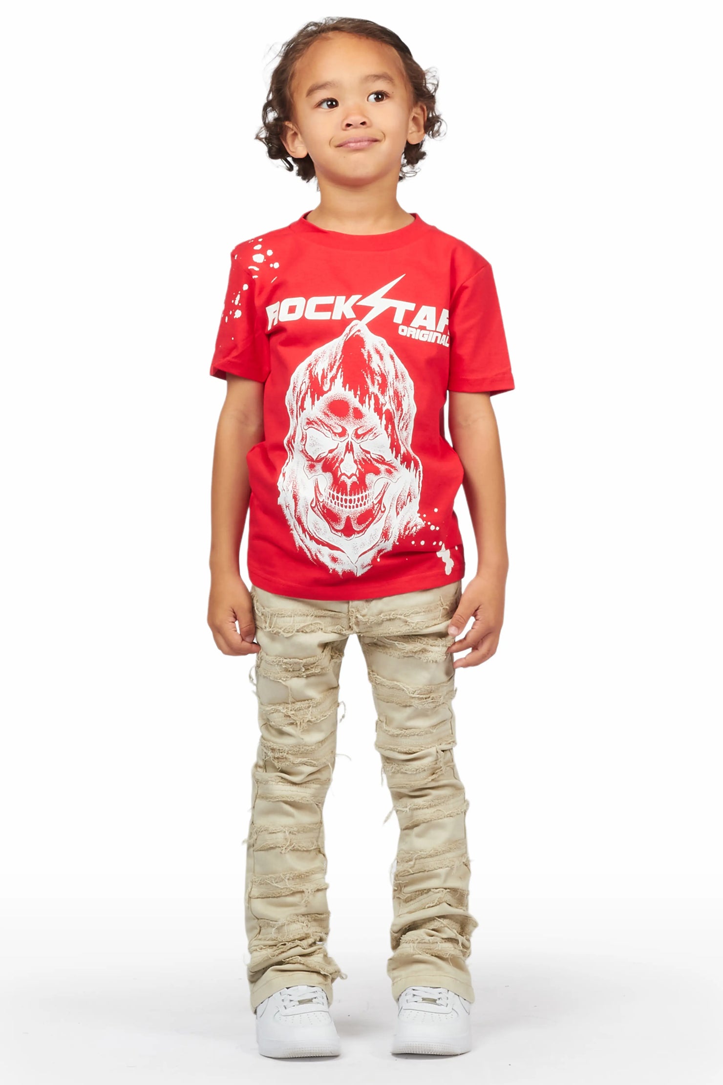 Boys Harriza Red T-Shirt/Stacked Flare Jean Set