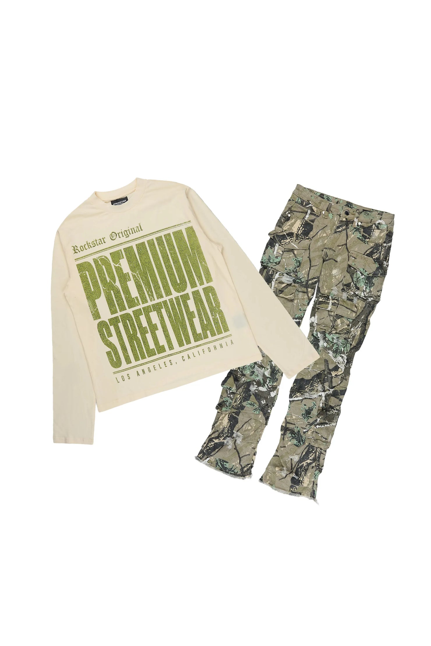 Boys Pluto Sand/Tree Camo Long Sleeve T-Shirt Stacked Jean Set