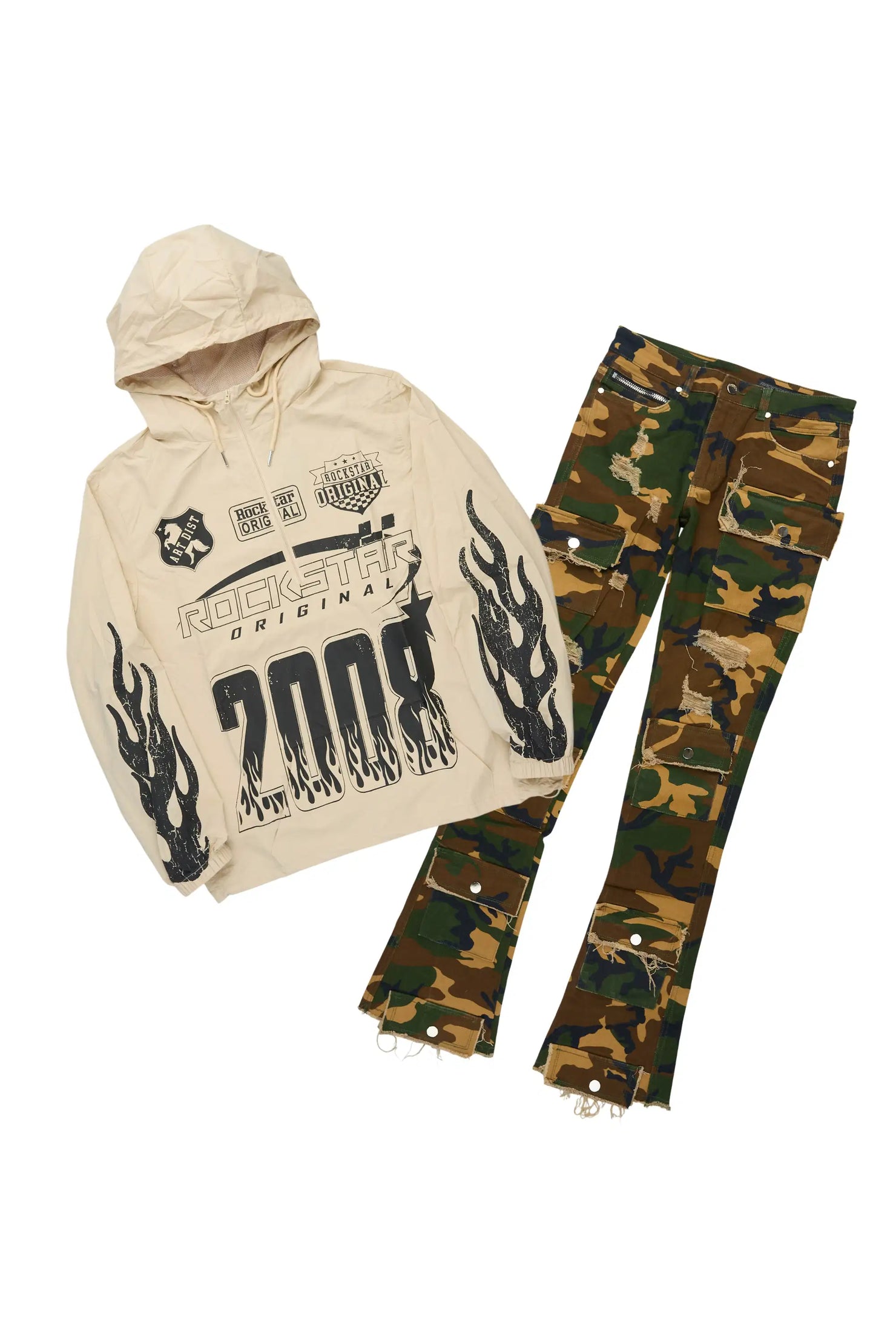 Amos Beige/Camo Windbreaker/Stacked Flare Jean Set