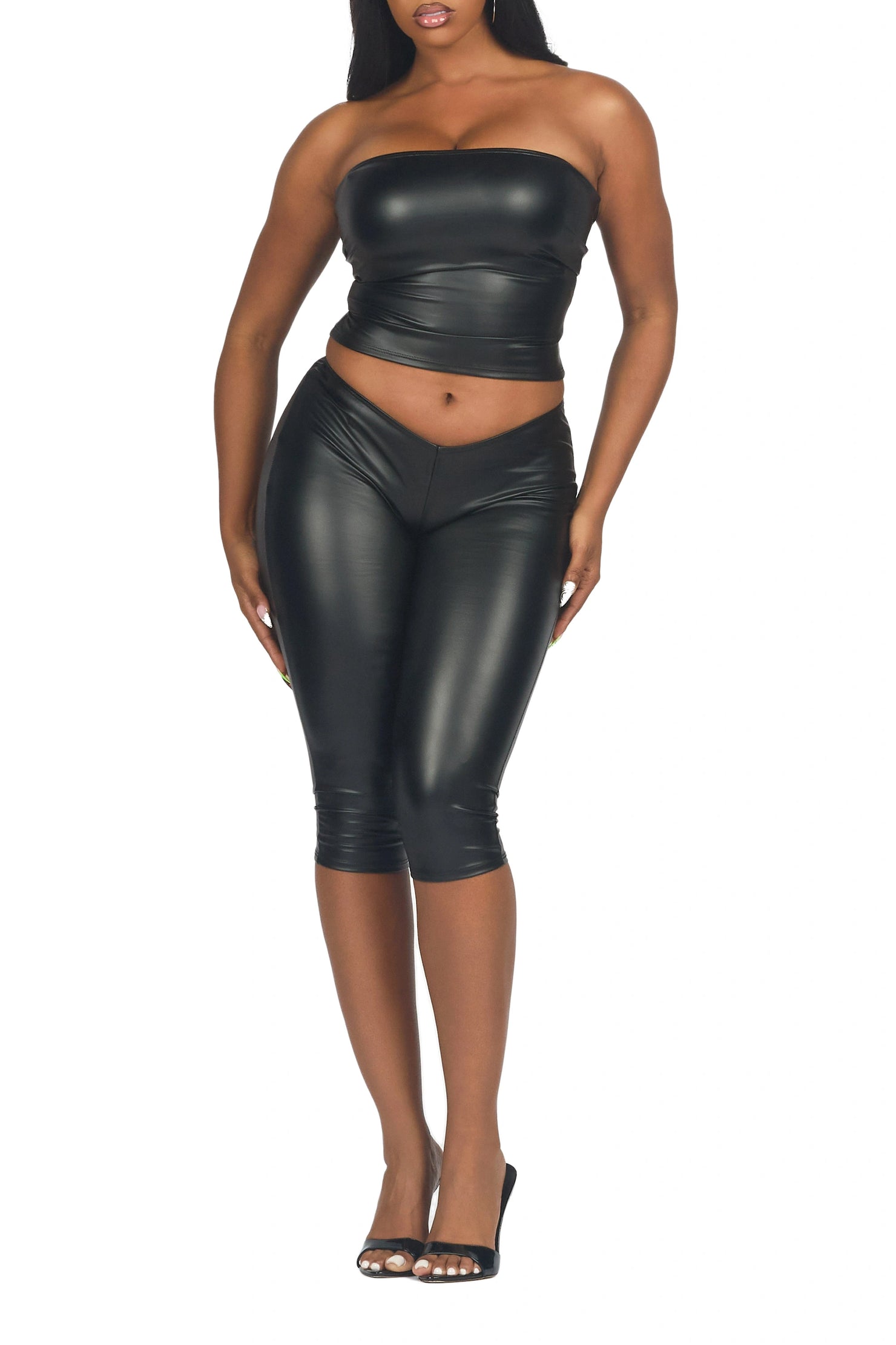 Deep V Pleather Black Capri Set