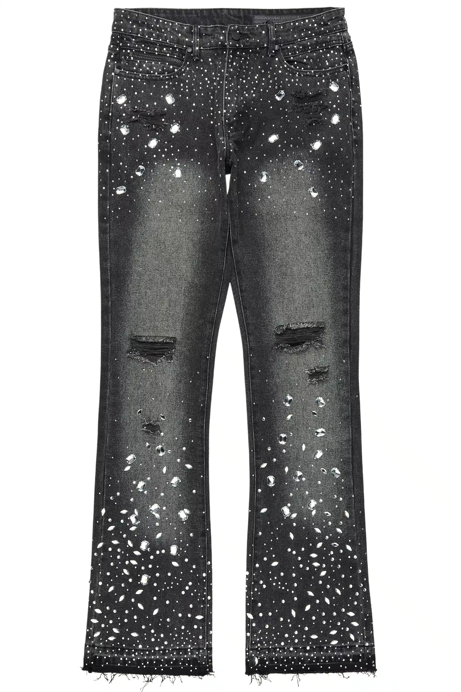 Glanz Dark Grey Rhinestone Stacked Flare Jean