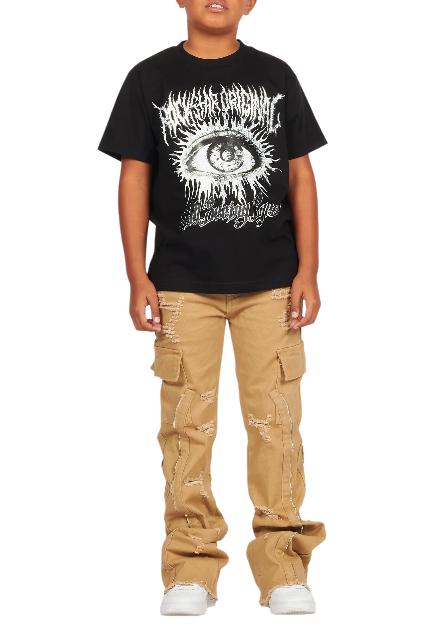 Boys All Seeing Eyes Black/Beige T-Shirt/Stacked Flare Jean Set