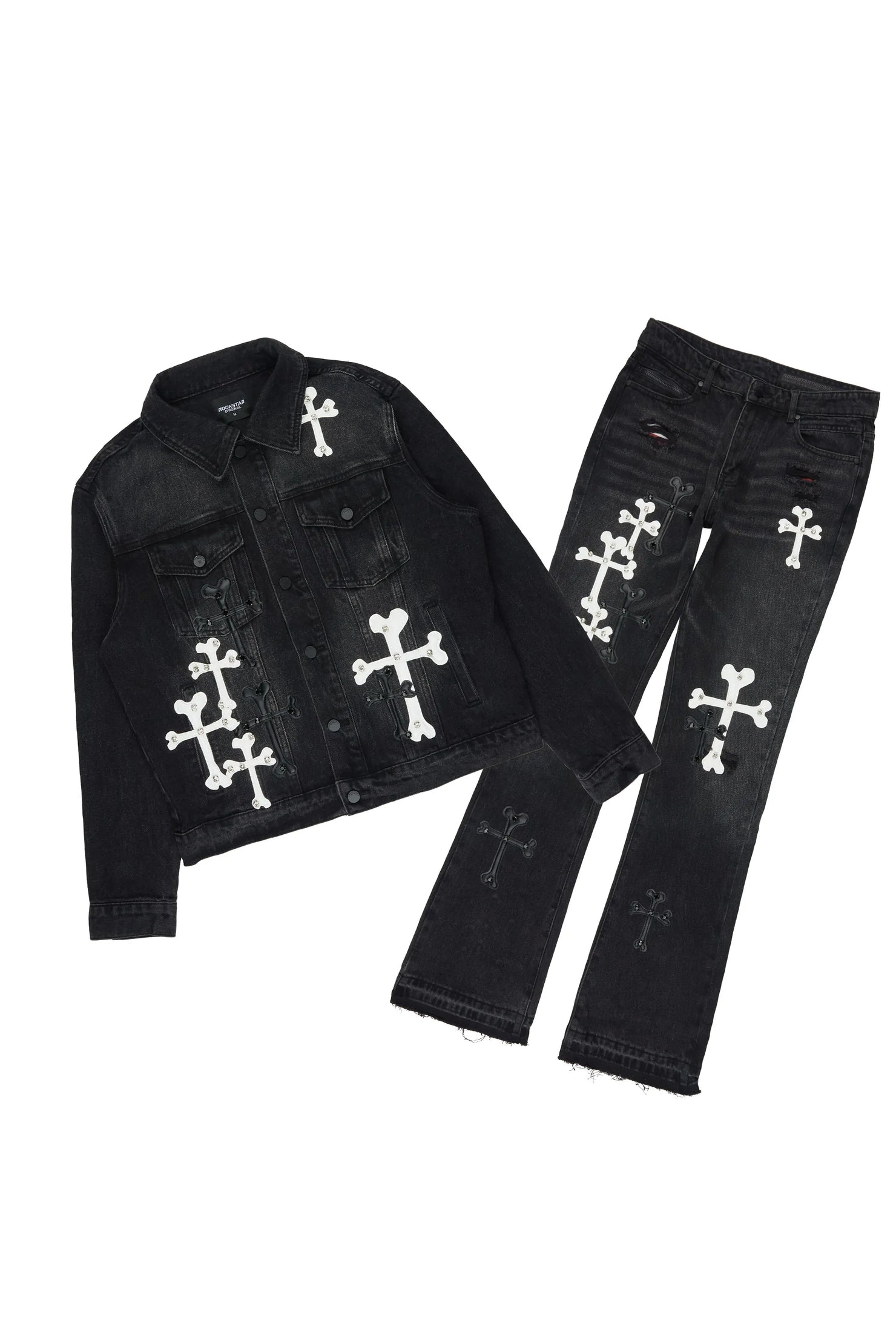 Olivier Dark Grey Patch Rhinestone Denim Jacket/Stacked Flare Jean Set