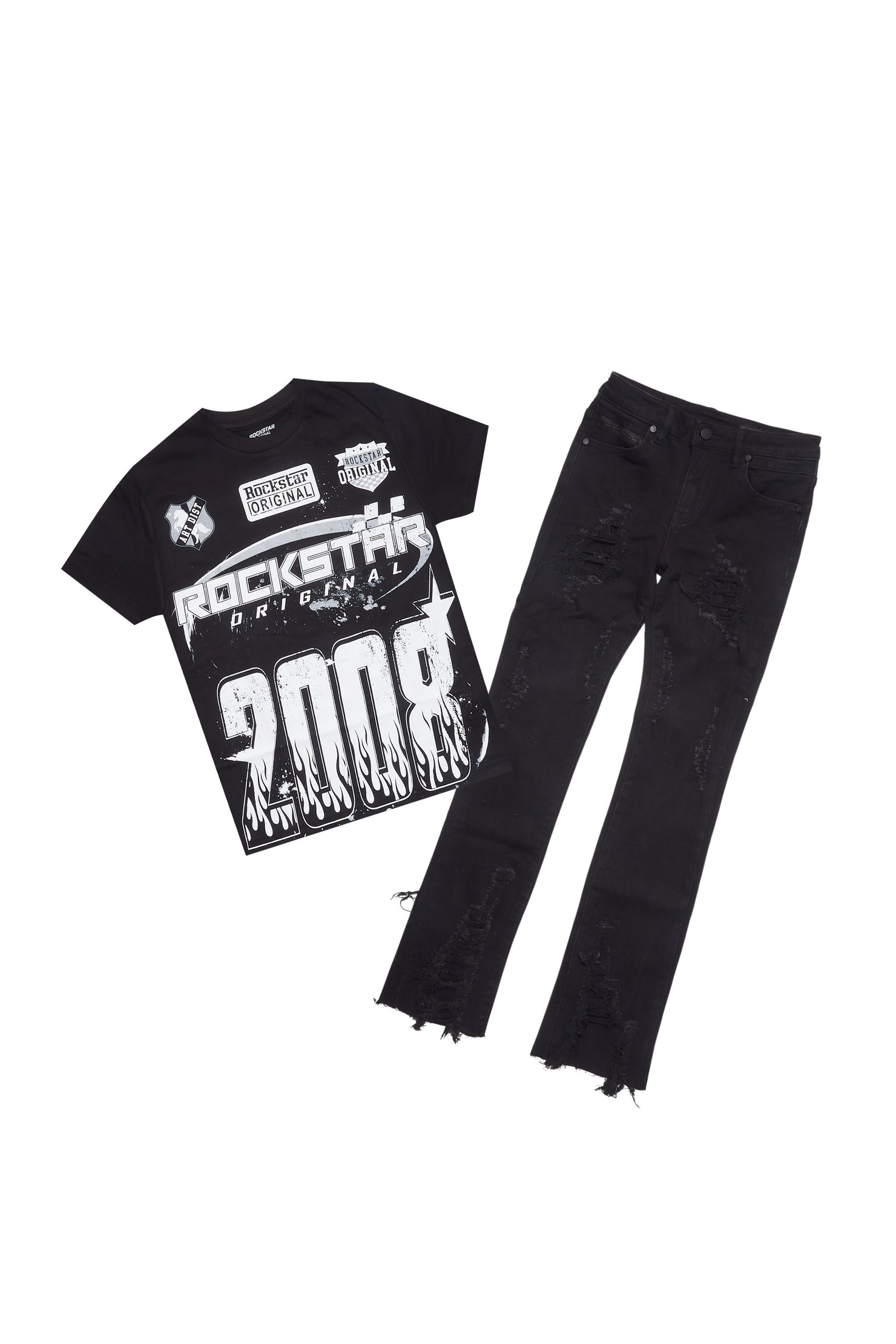 Boys Amos Black/White T-Shirt/Stacked Flare Jean Set