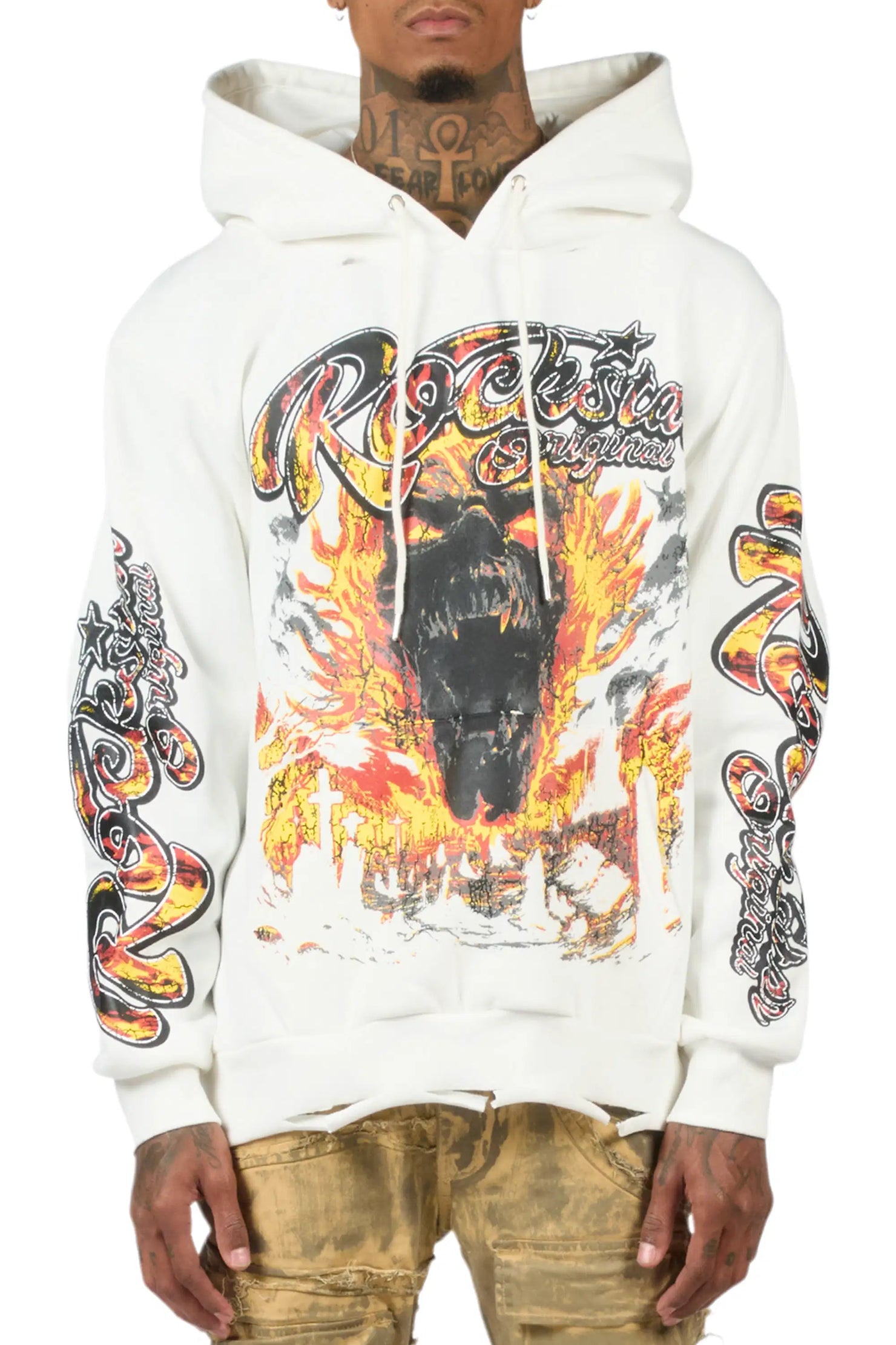 Flamer White Distressed Graphic Relaxed Hoodie