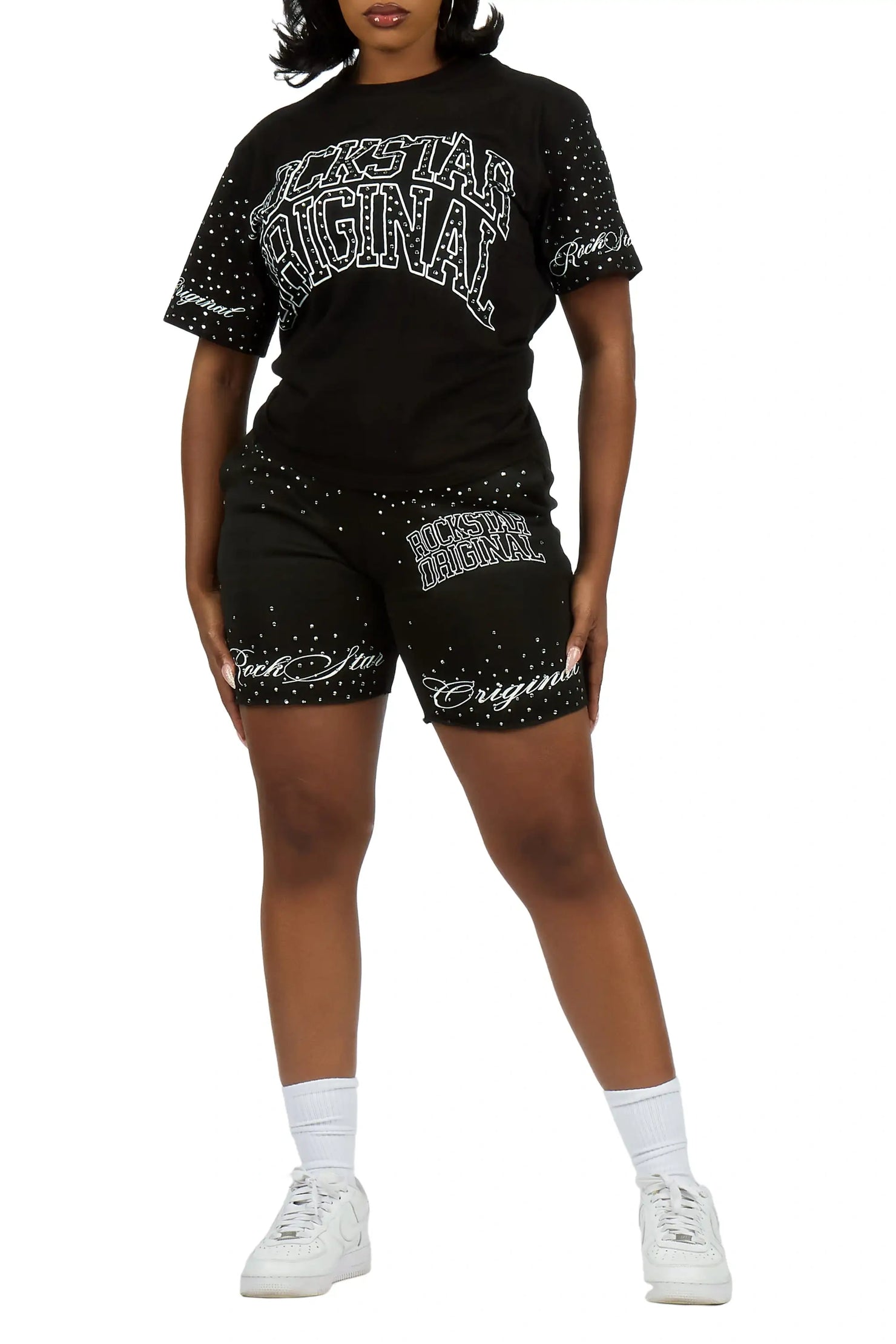 Lakisha Black Rhinestone T-Shirt Short Set