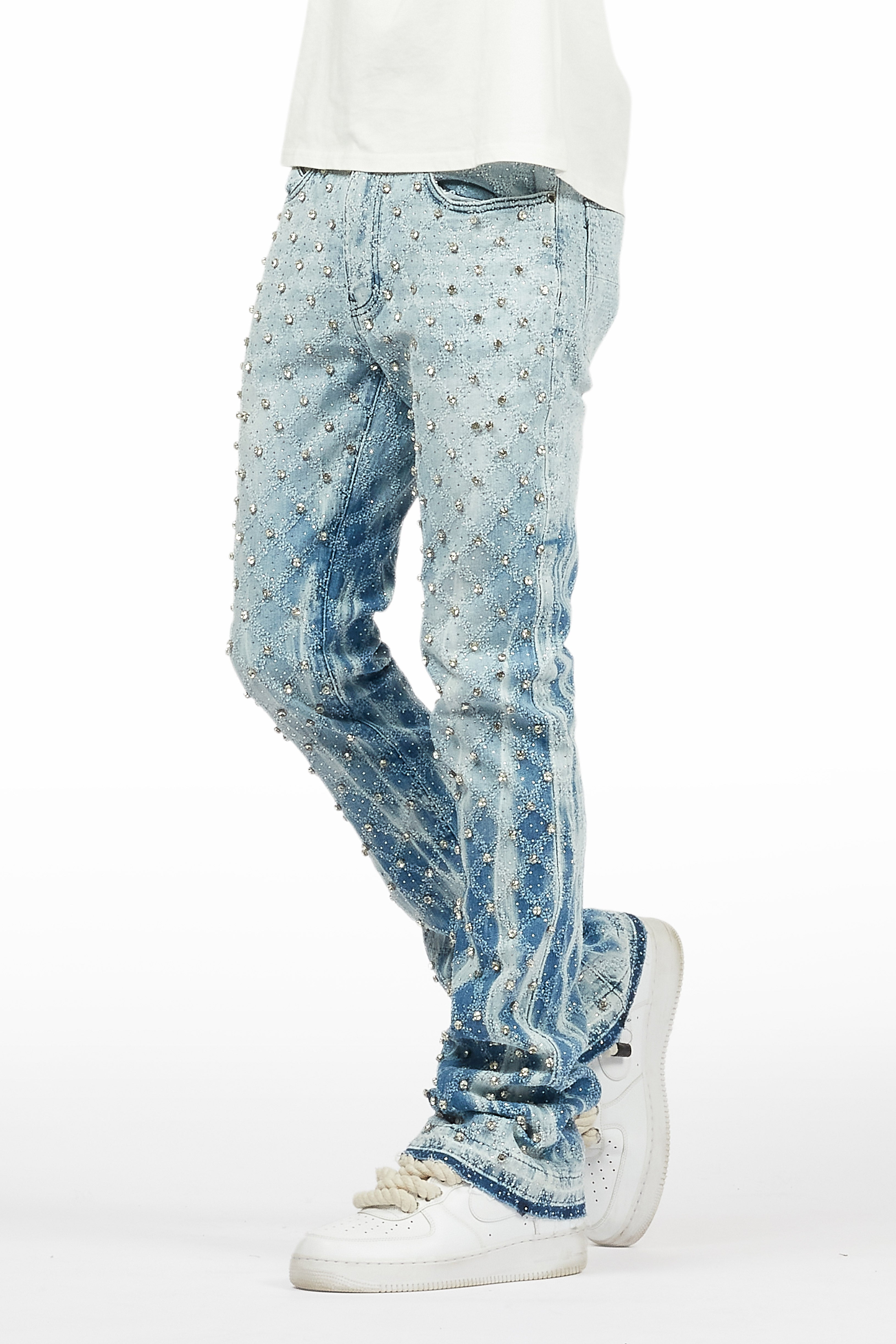 Glit Blue Rhinestone Stacked Flare Jean– Rockstar Original
