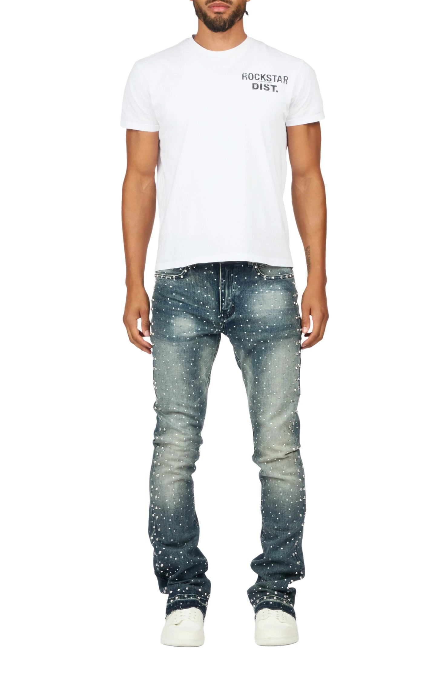 Miller Dark Blue Rhinestone Studded Stacked Flare Jean