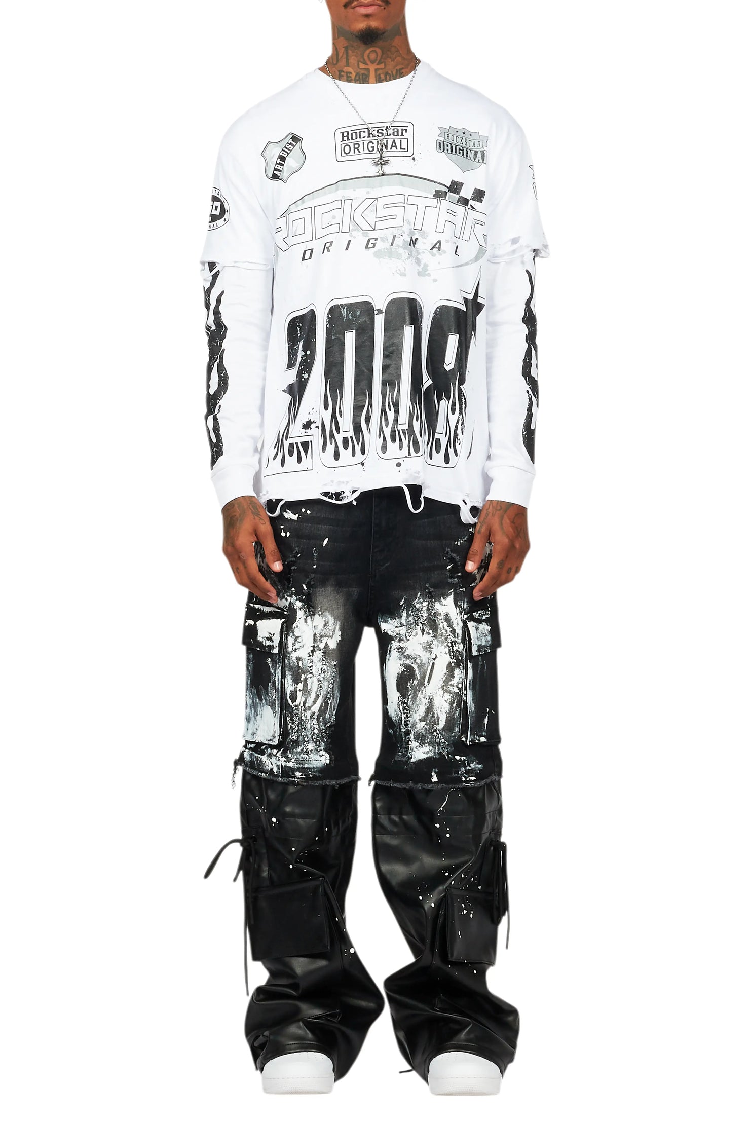 Amos White/Black Double Layer Long Sleeve Graphic T-Shirt