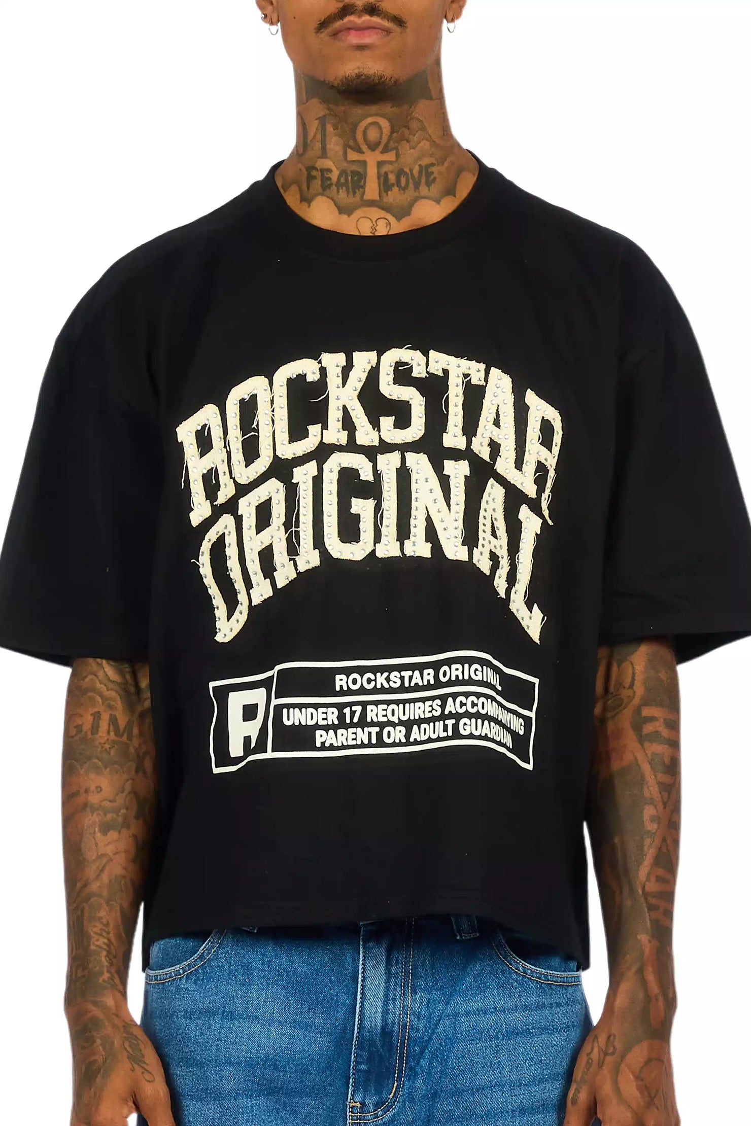 Tracy Black Rhinestone Boxy Crop T-Shirt