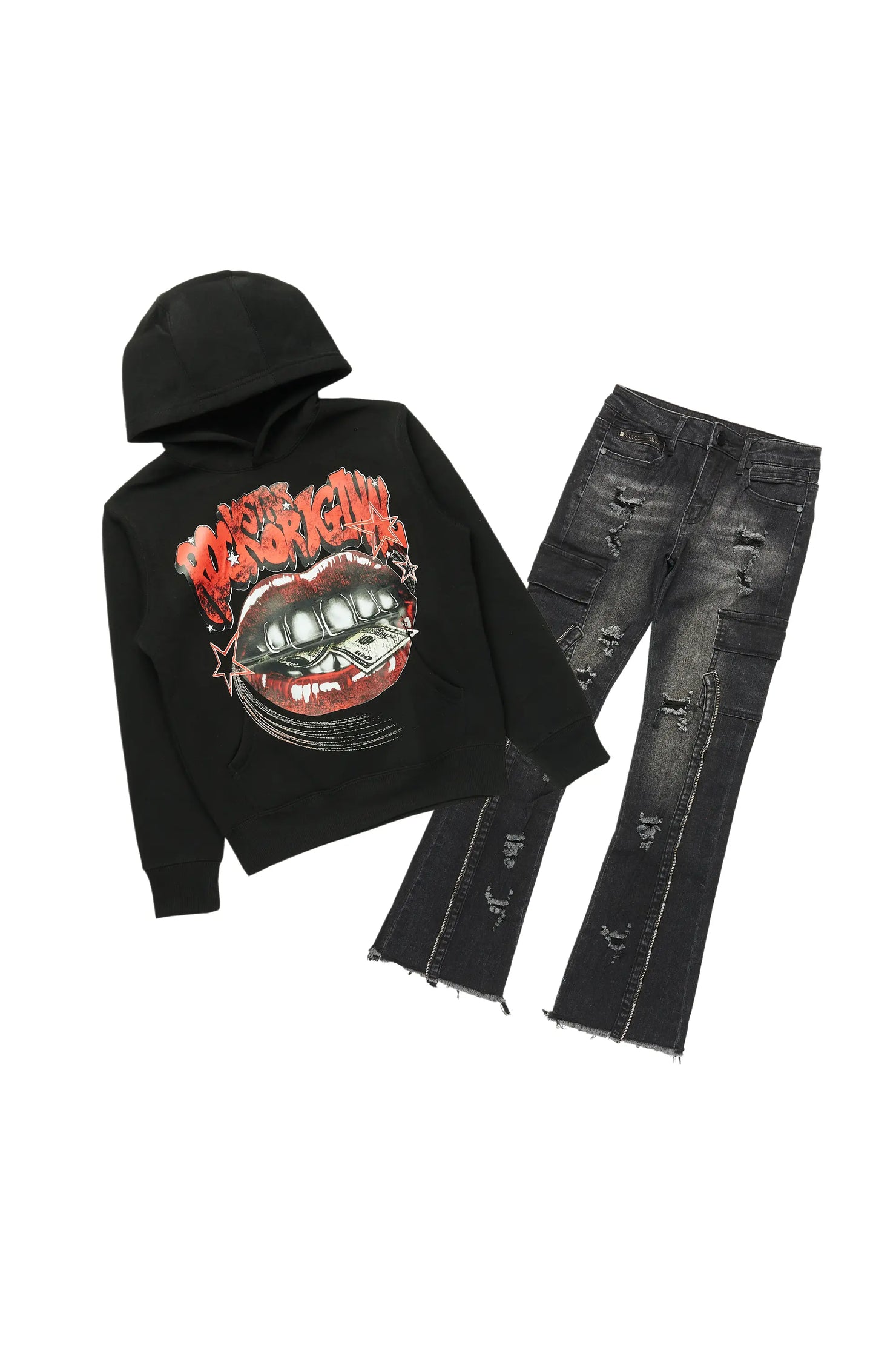 Boys Bloke Black Hoodie/Stacked Flare Jean Set