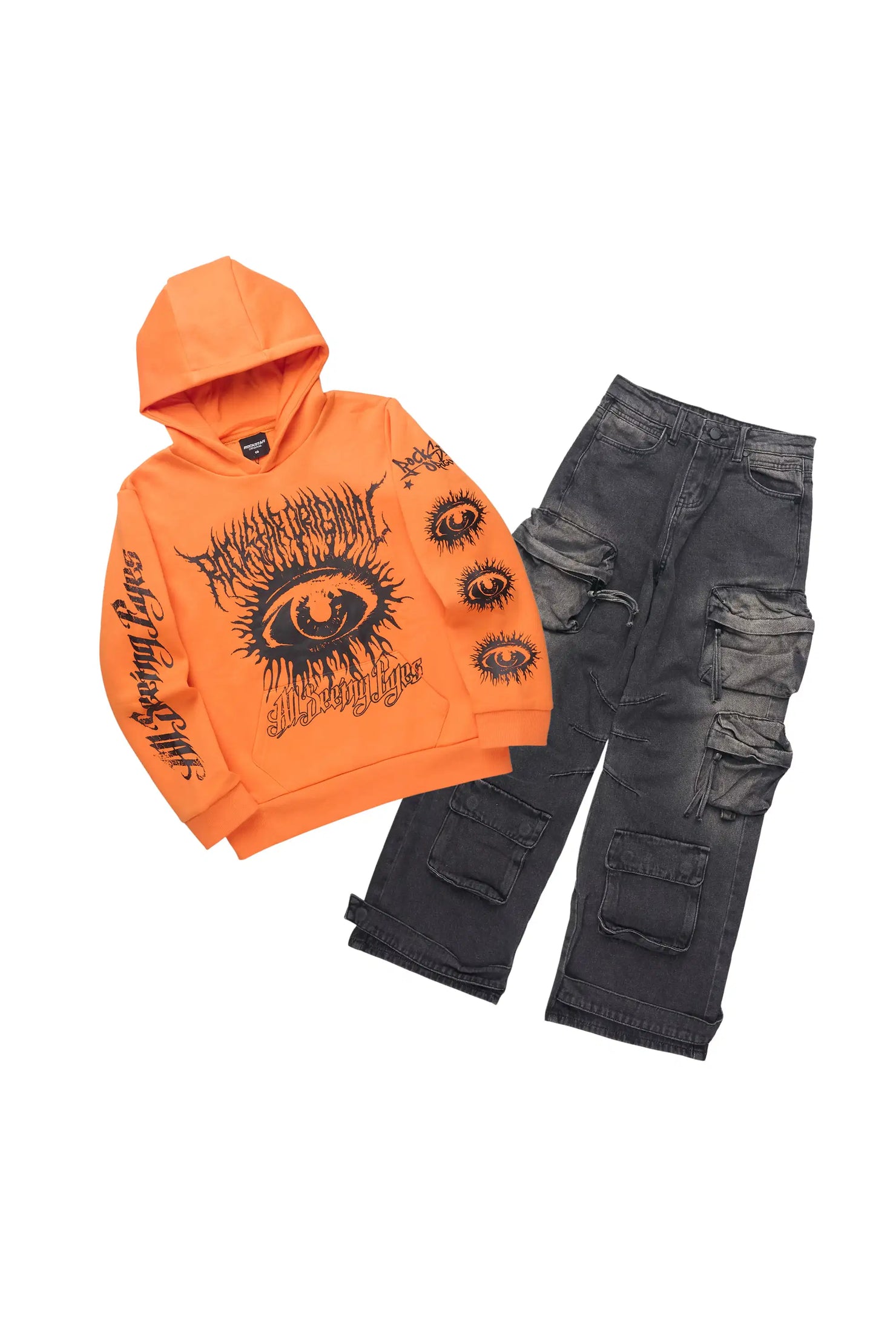 Boys All Eyes Orange Hoodie & Lenz Black Baggy Jean Set